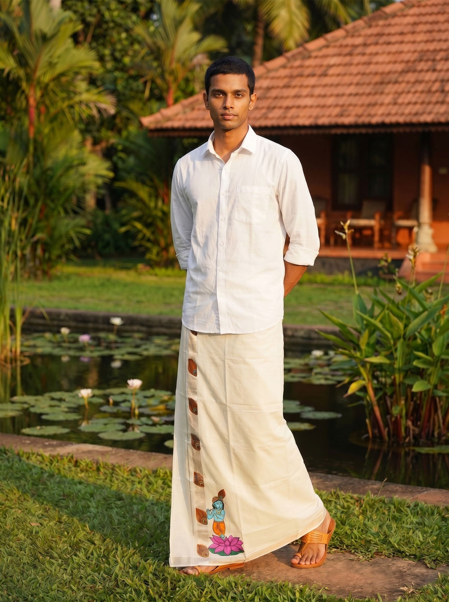 Men's Cotton Cream Lord Krishna Mural Hand Painted With Antic Silver Kasavu Dhoti