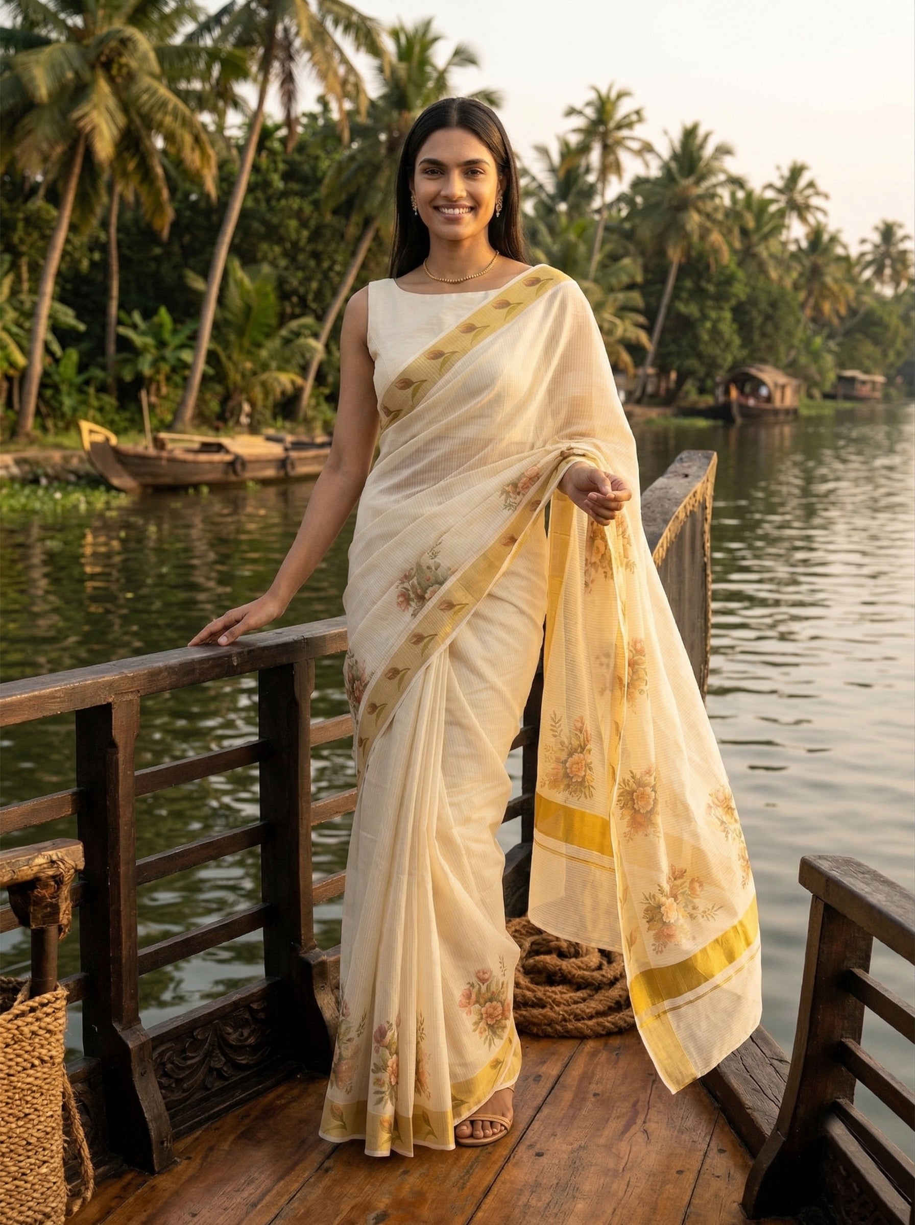 Woman in a white saree with gold patterns standing on a wooden dock by a body of water.