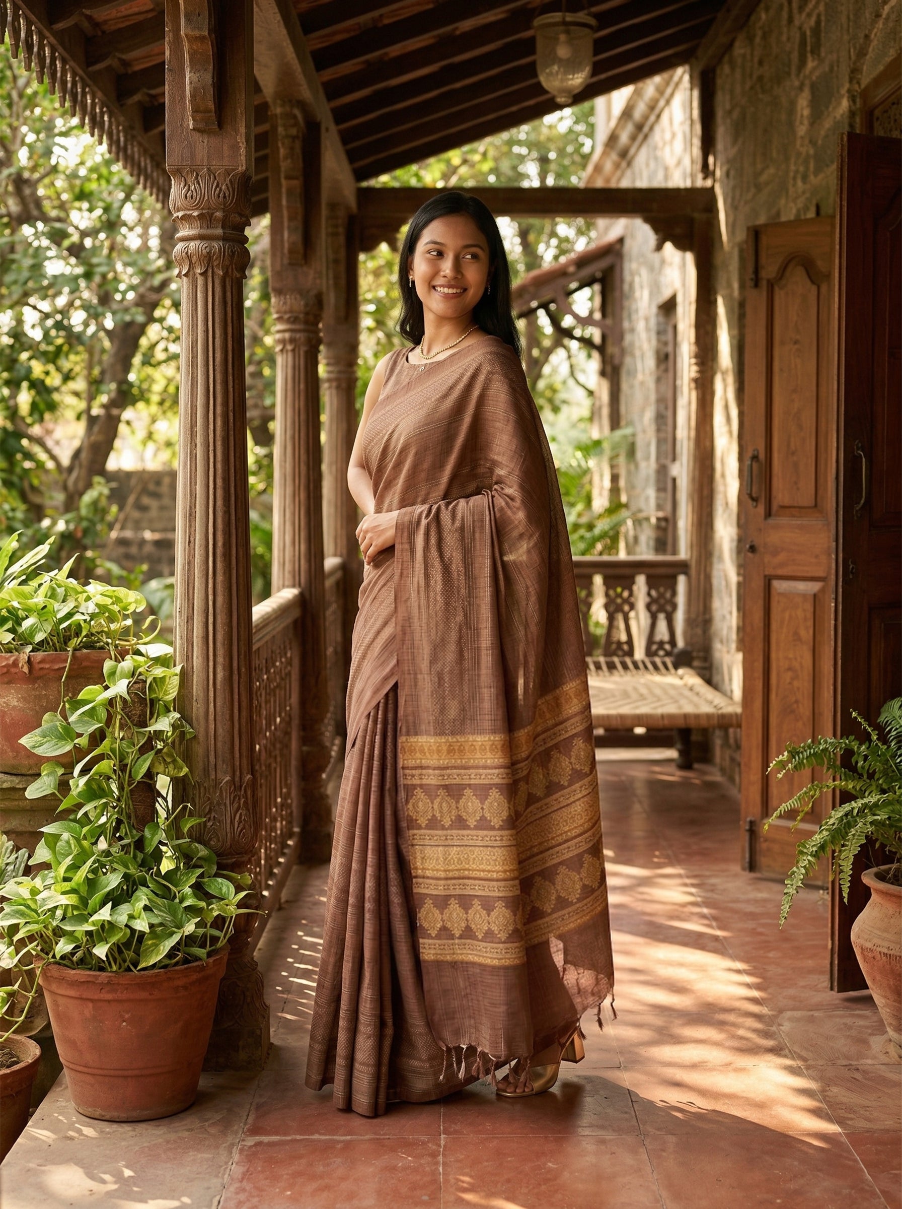 Chanderi Cotton Brown Woven Stripe Saree