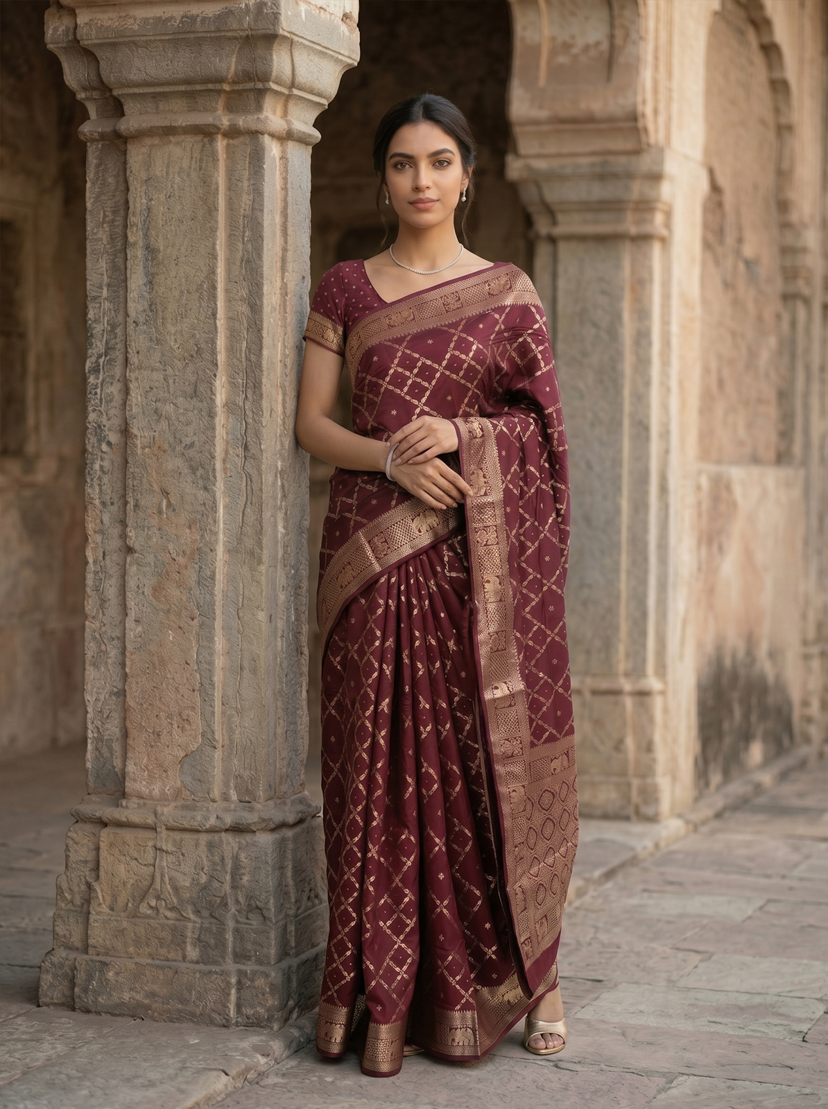 Woman in a maroon saree with gold patterns standing in an architectural setting.