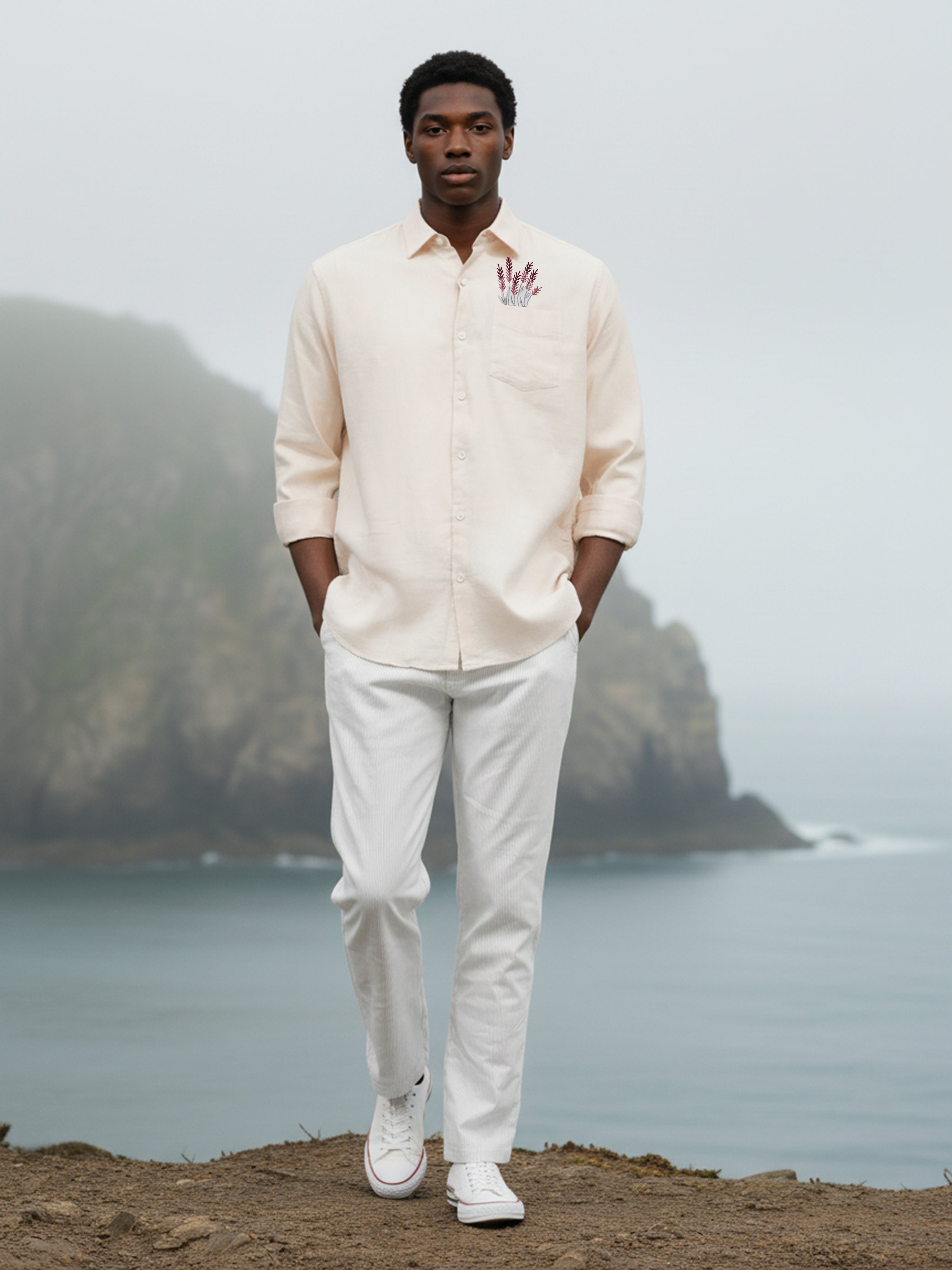 Beige Color Chest Embroidered Slub Crepe Shirt For Men