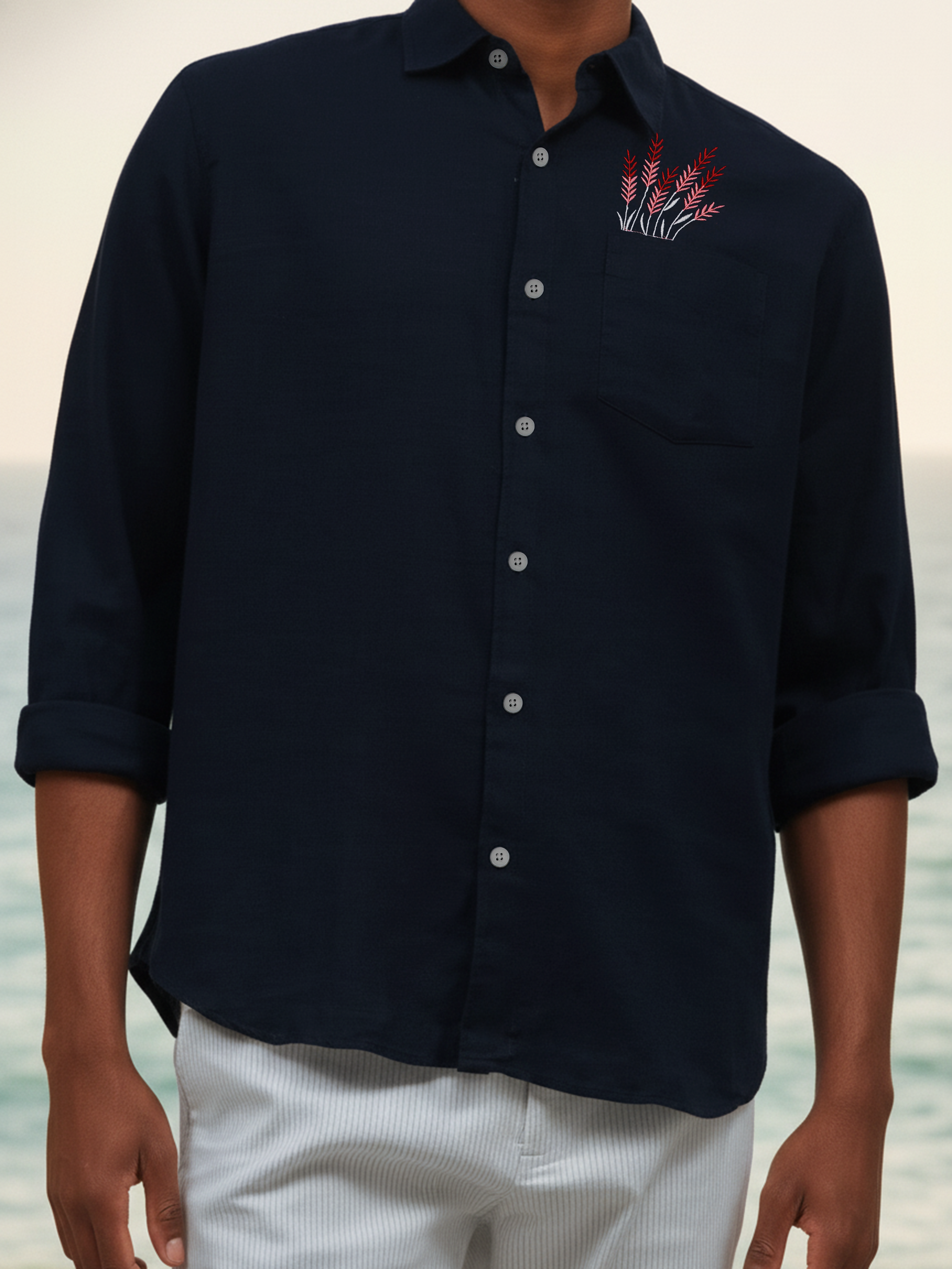 Navy Color Chest Embroidered Slub Crepe Shirt For Men