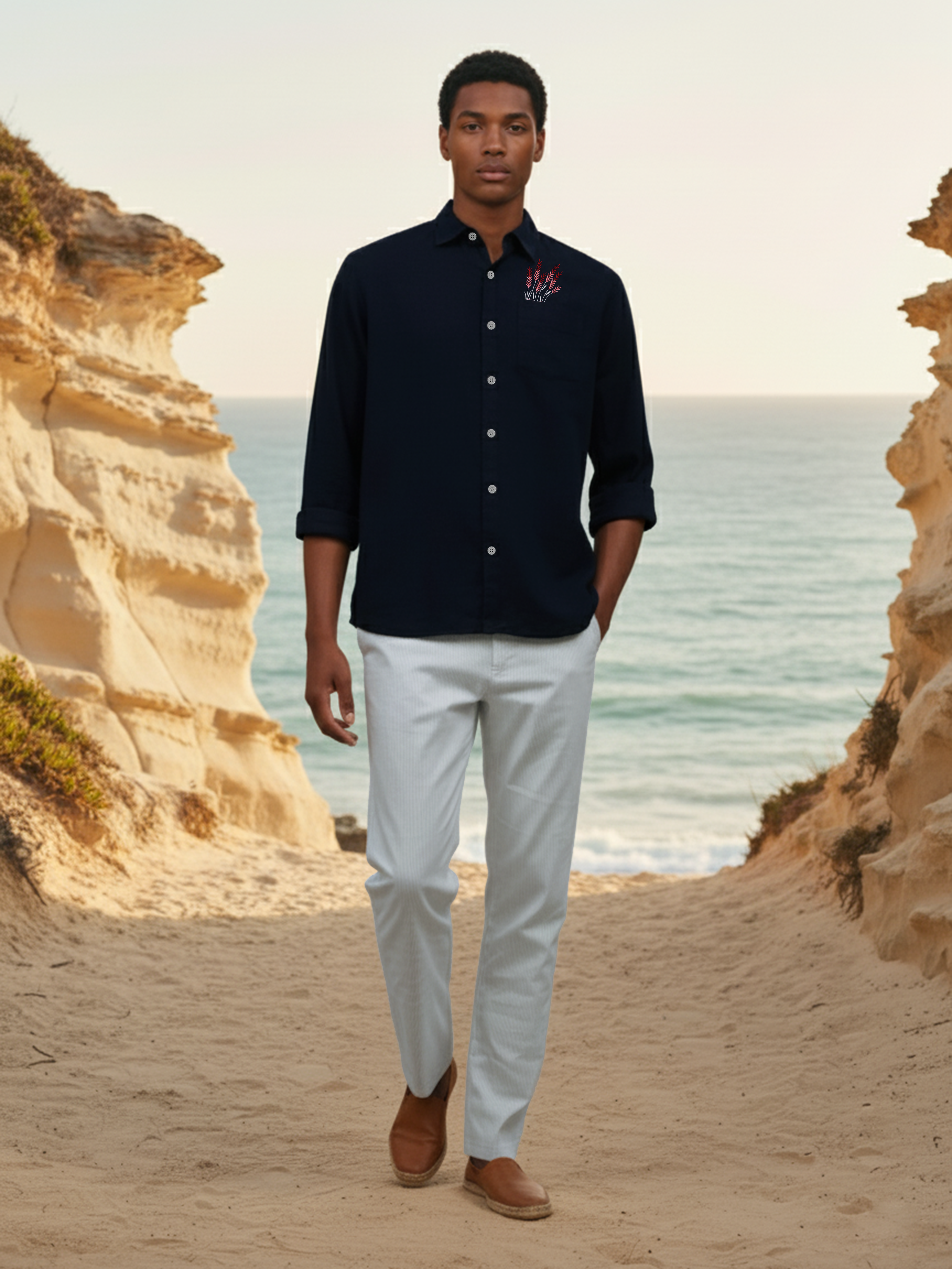 Navy Color Chest Embroidered Slub Crepe Shirt For Men