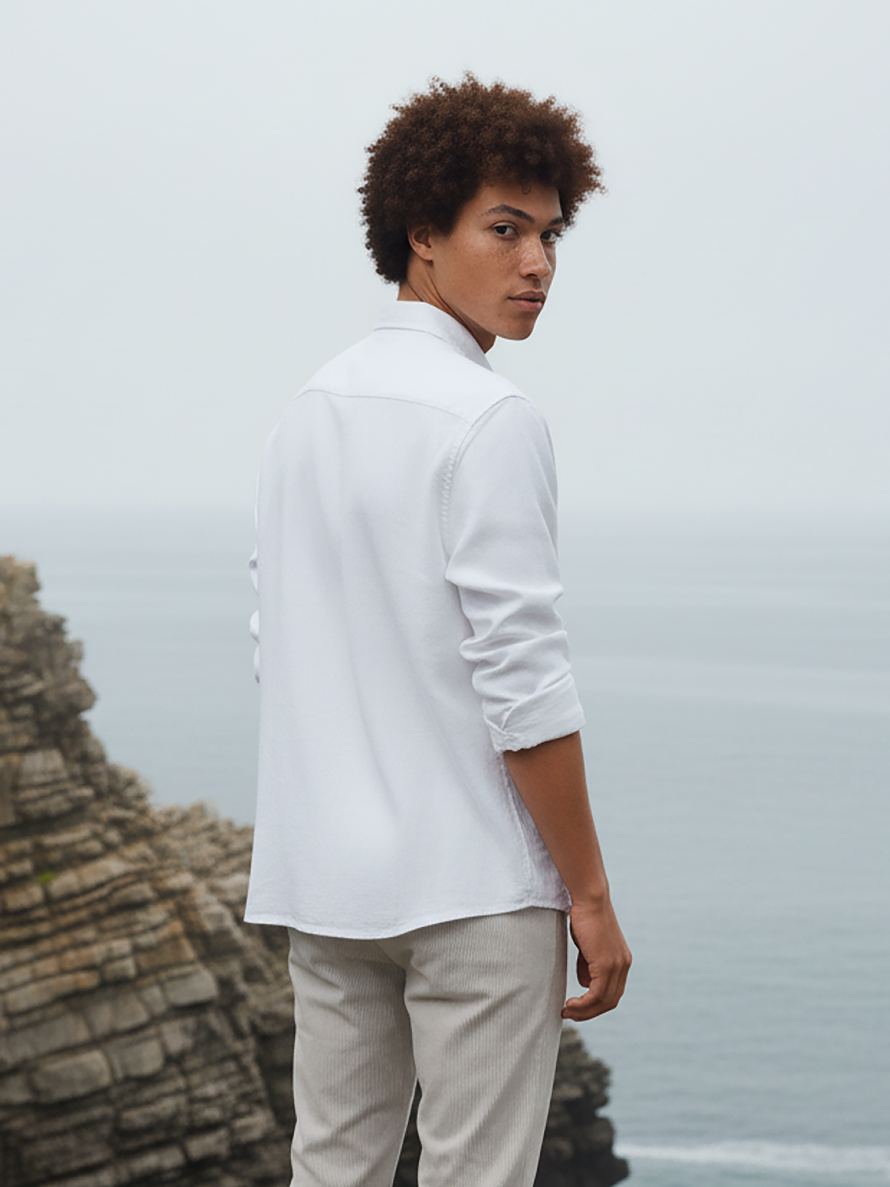 White Color Chest Embroidered Slub Crepe Shirt For Men