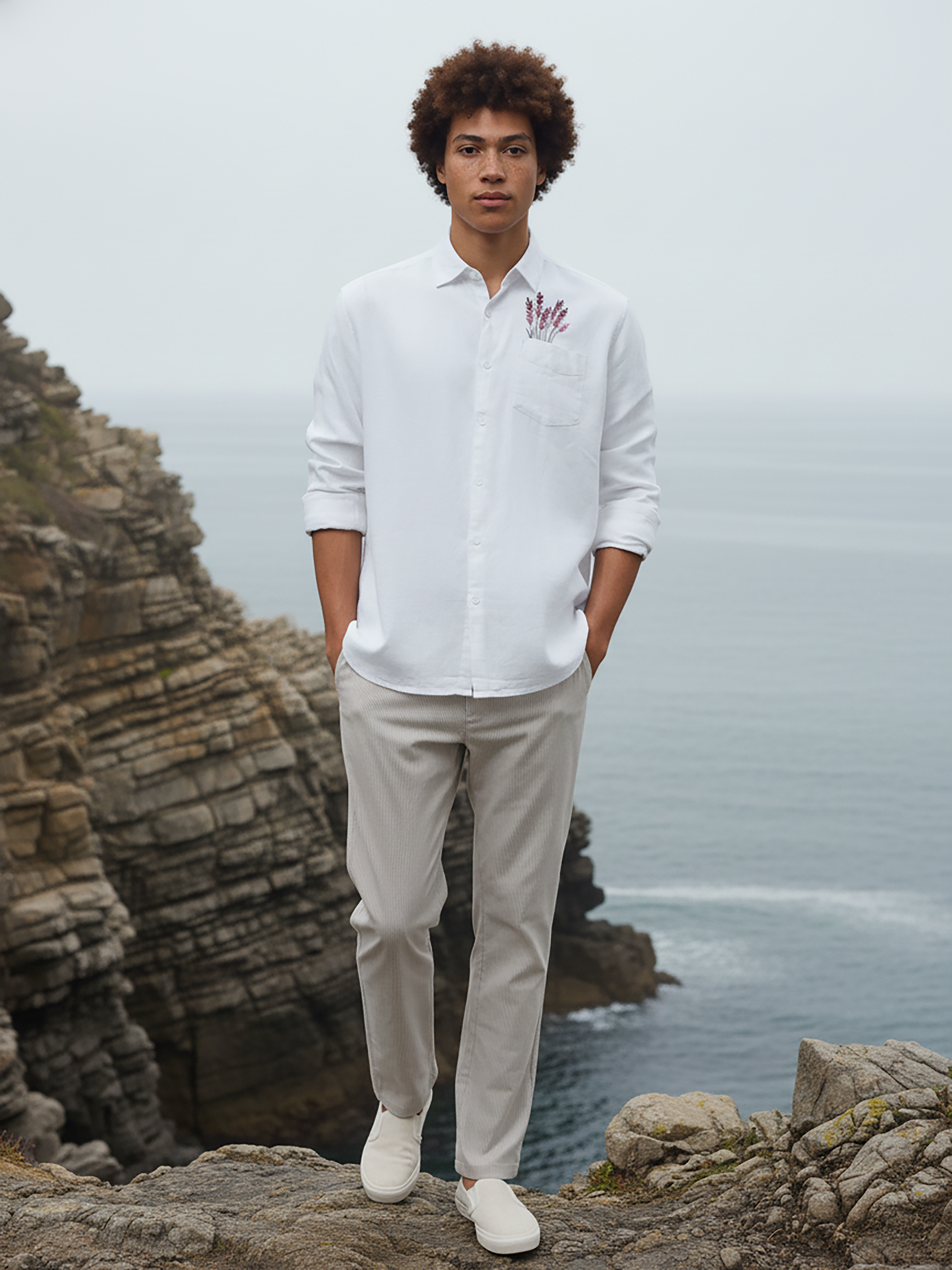 White Color Chest Embroidered Slub Crepe Shirt For Men