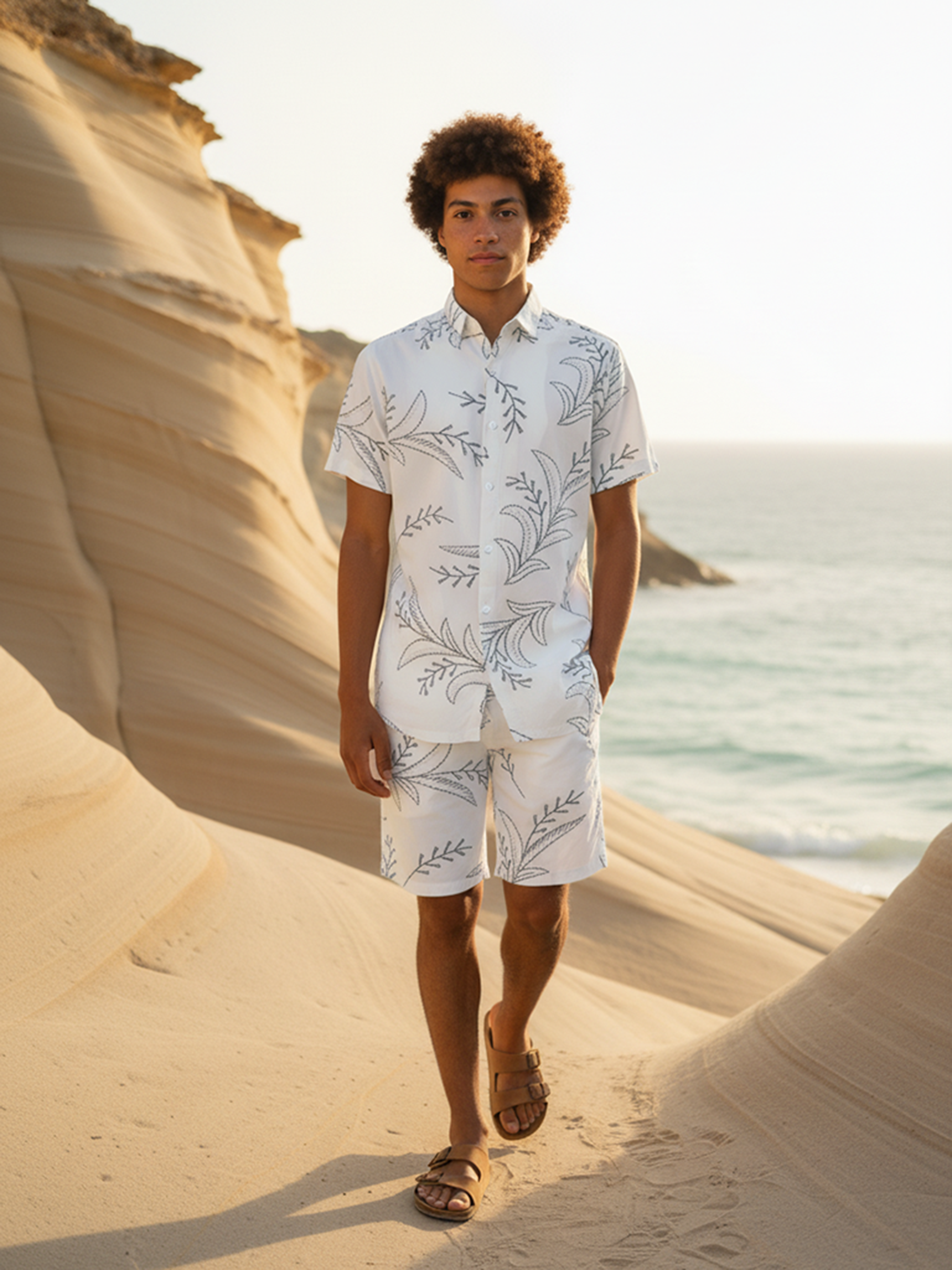 White Printed Rayon Co-Ord Set For Men