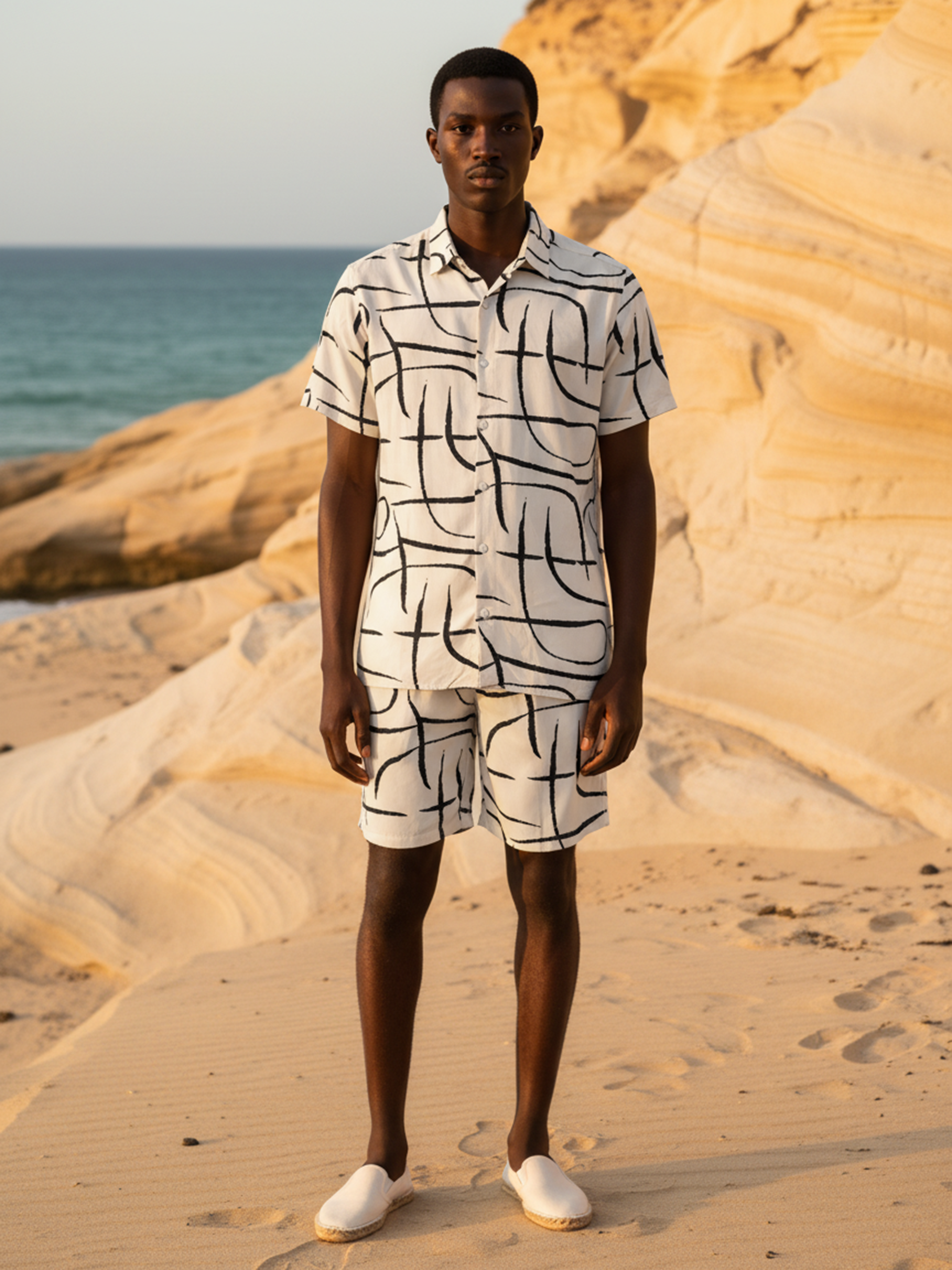 Beige Printed Rayon Co-Ord Set For Men