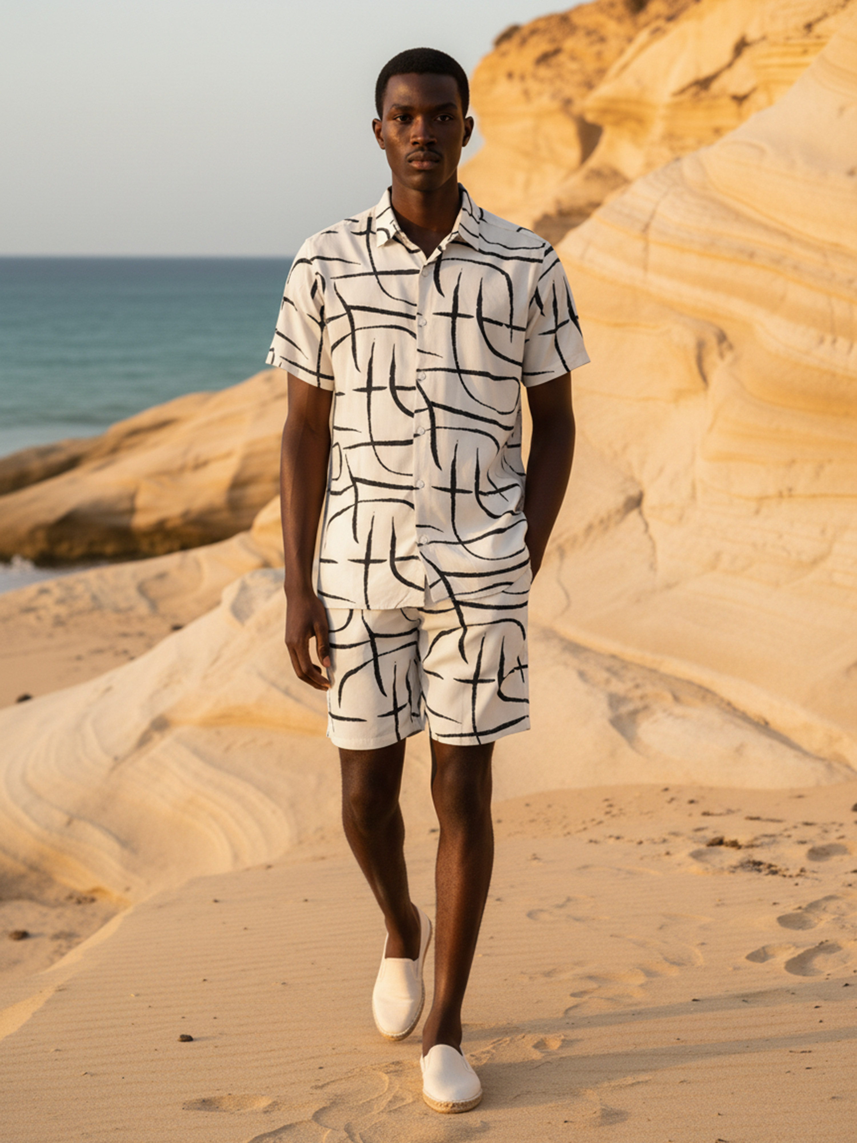 Beige Printed Rayon Co-Ord Set For Men