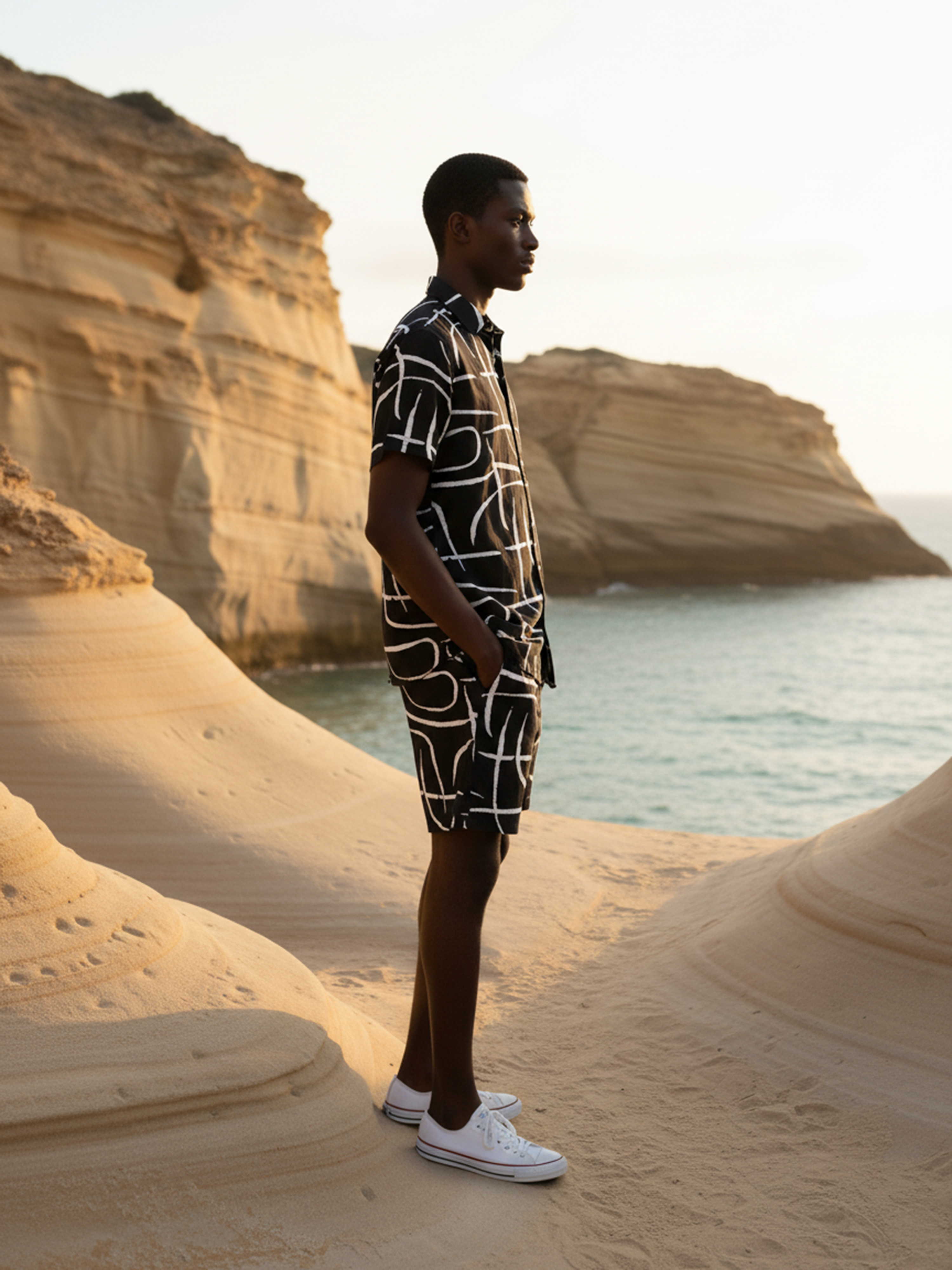 Black Printed Rayon Co-Ord Set For Men