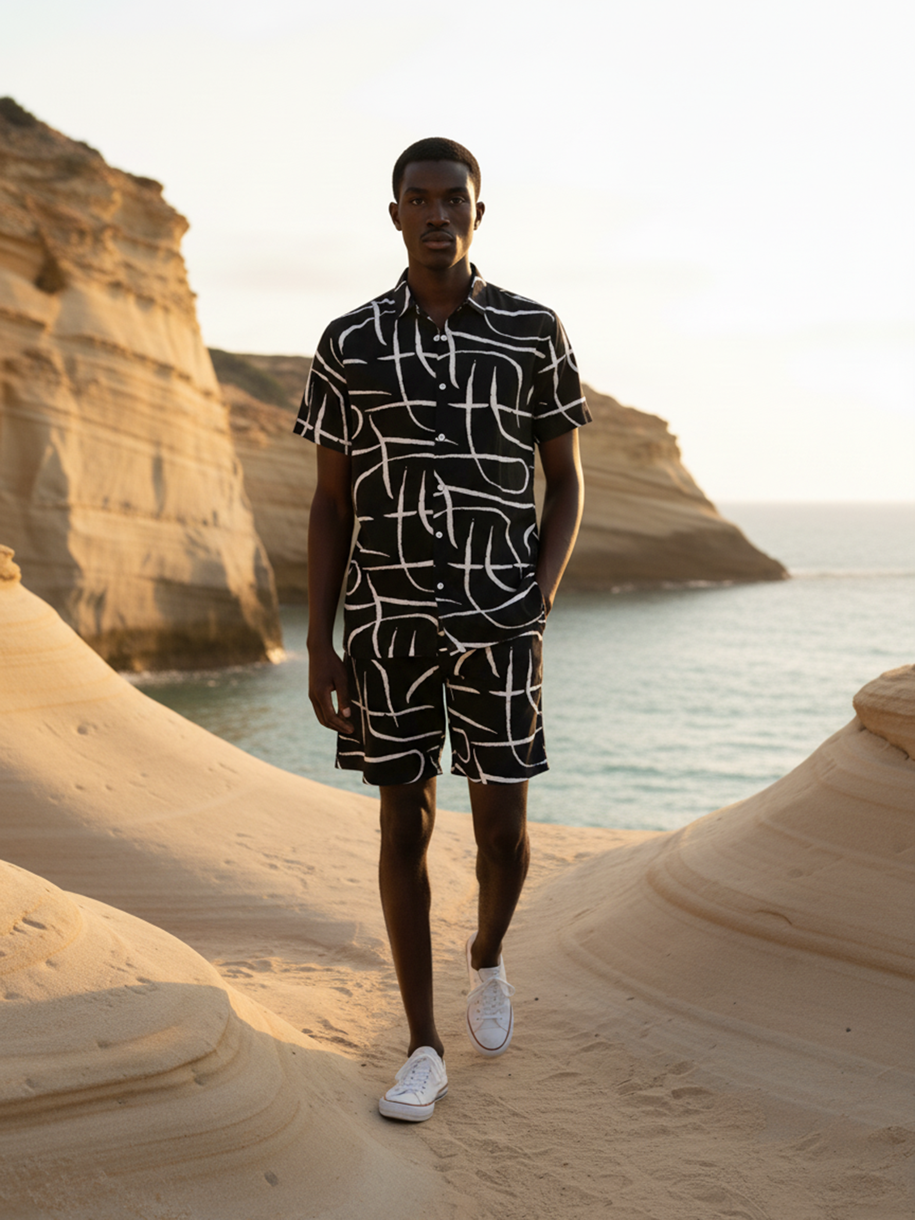 Black Printed Rayon Co-Ord Set For Men