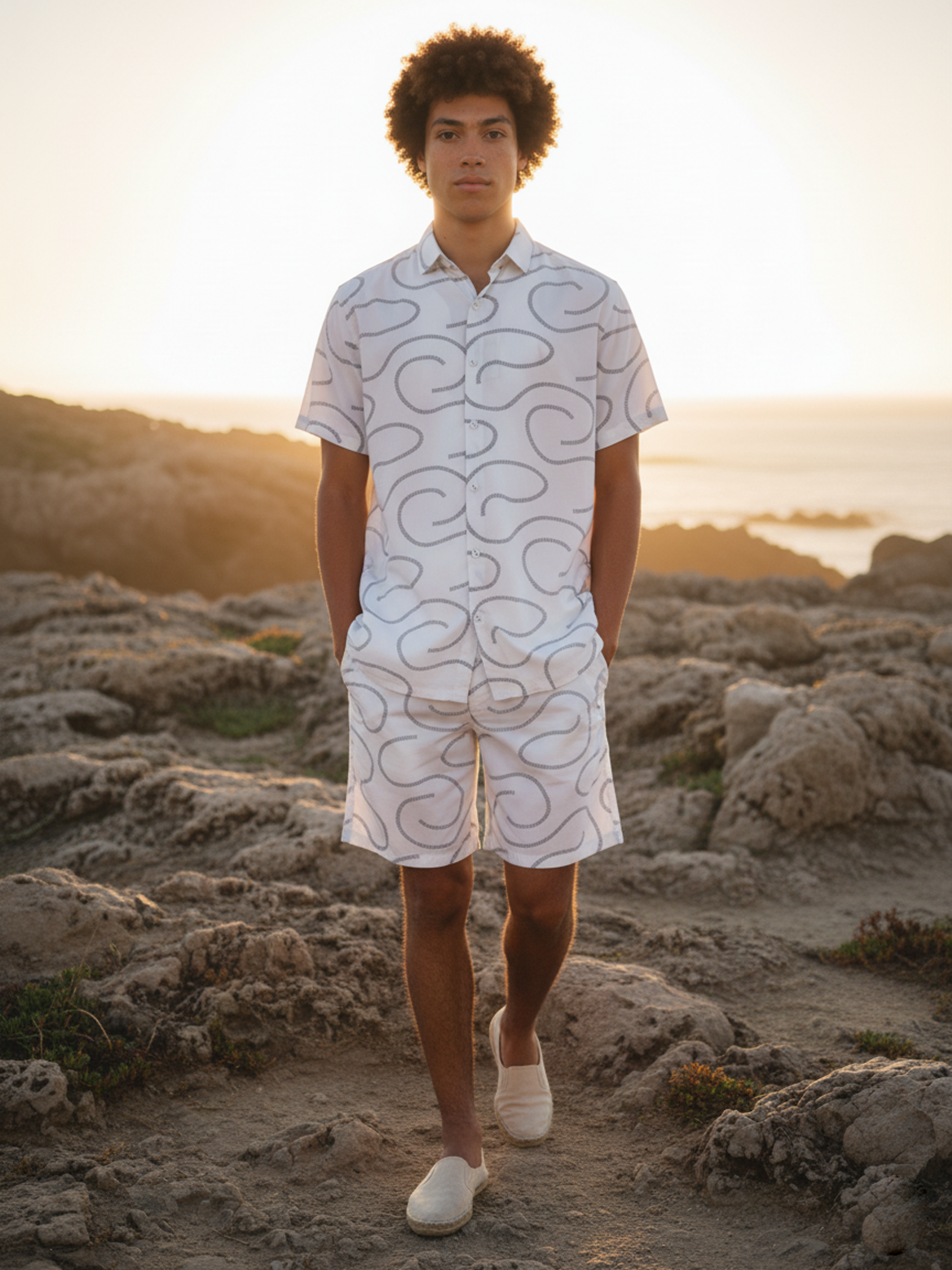 White Regular Collar Printed Co-Ord Set For Men