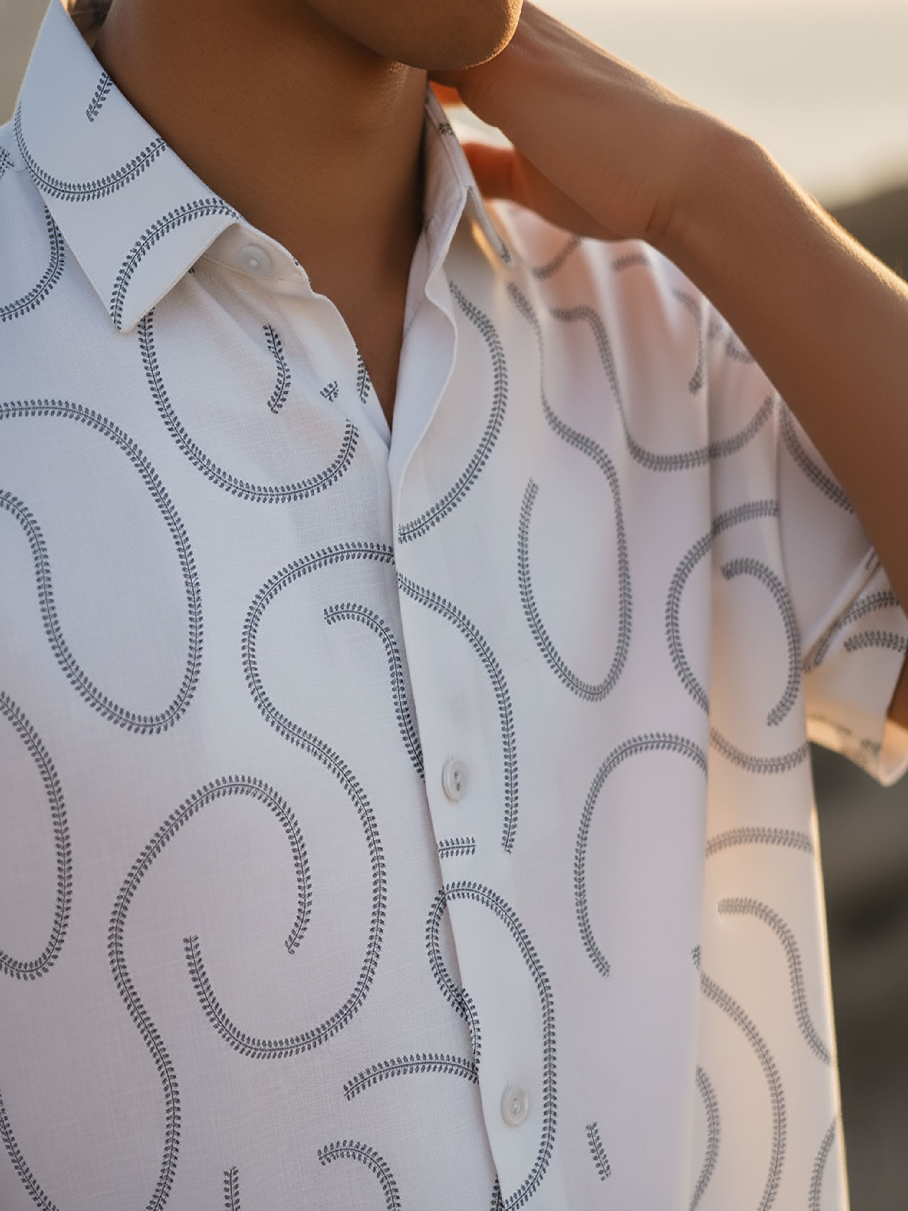 White Regular Collar Printed Co-Ord Set For Men