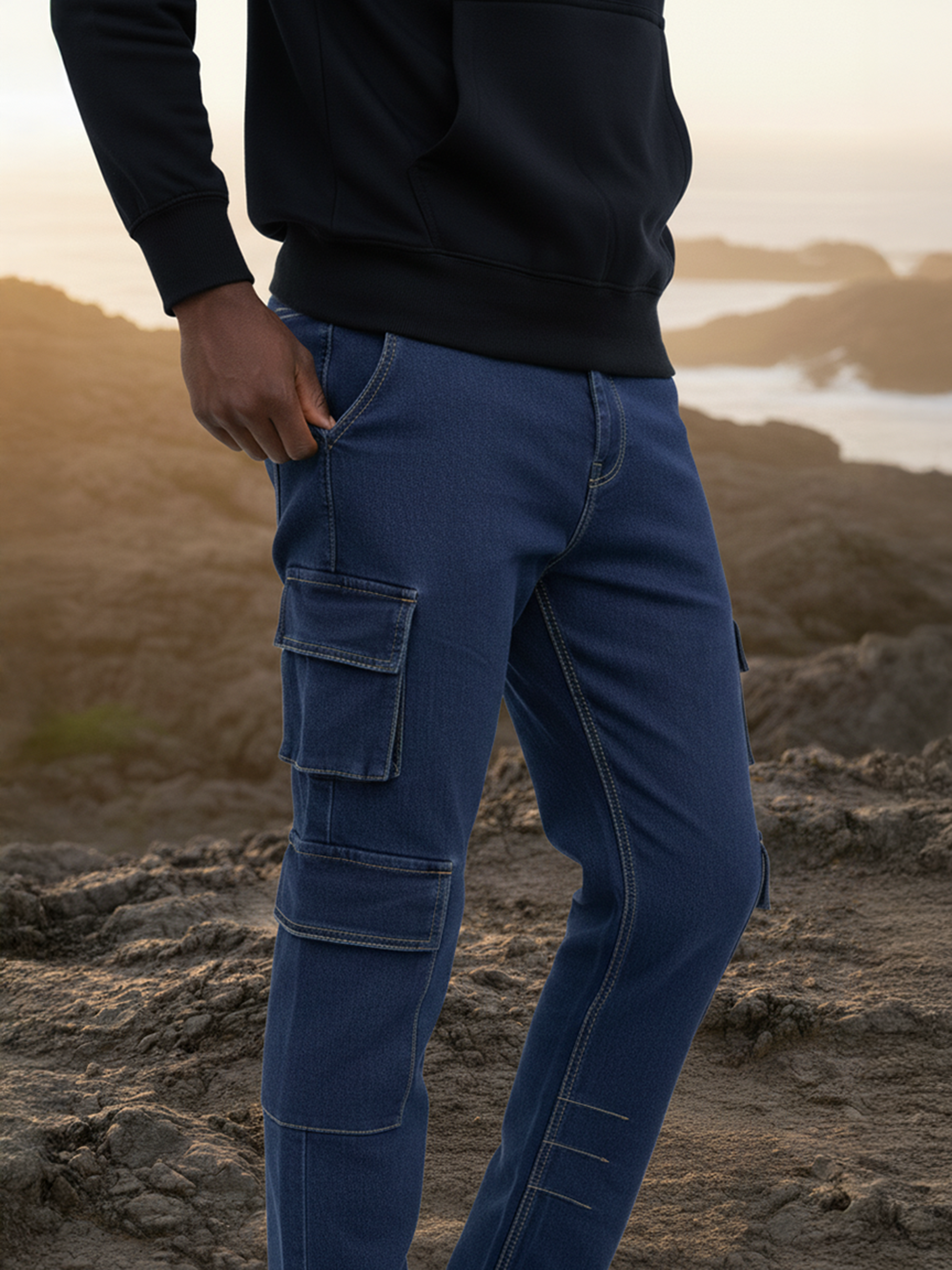 10 Pocket Blue Denim Cargo For Men