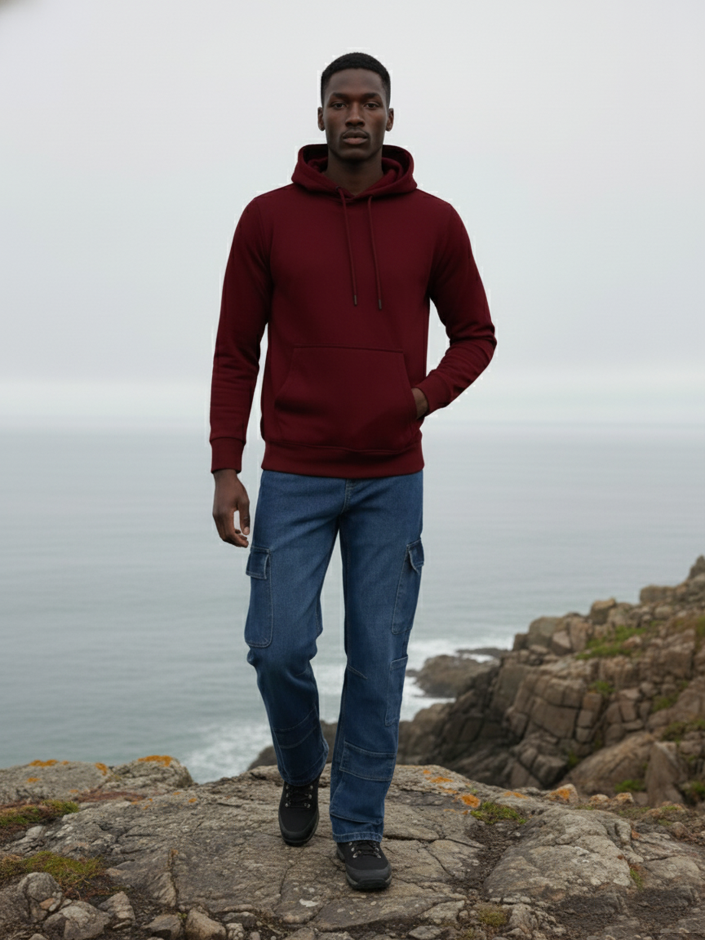 Maroon Plain With Pocket Hoodie For Men
