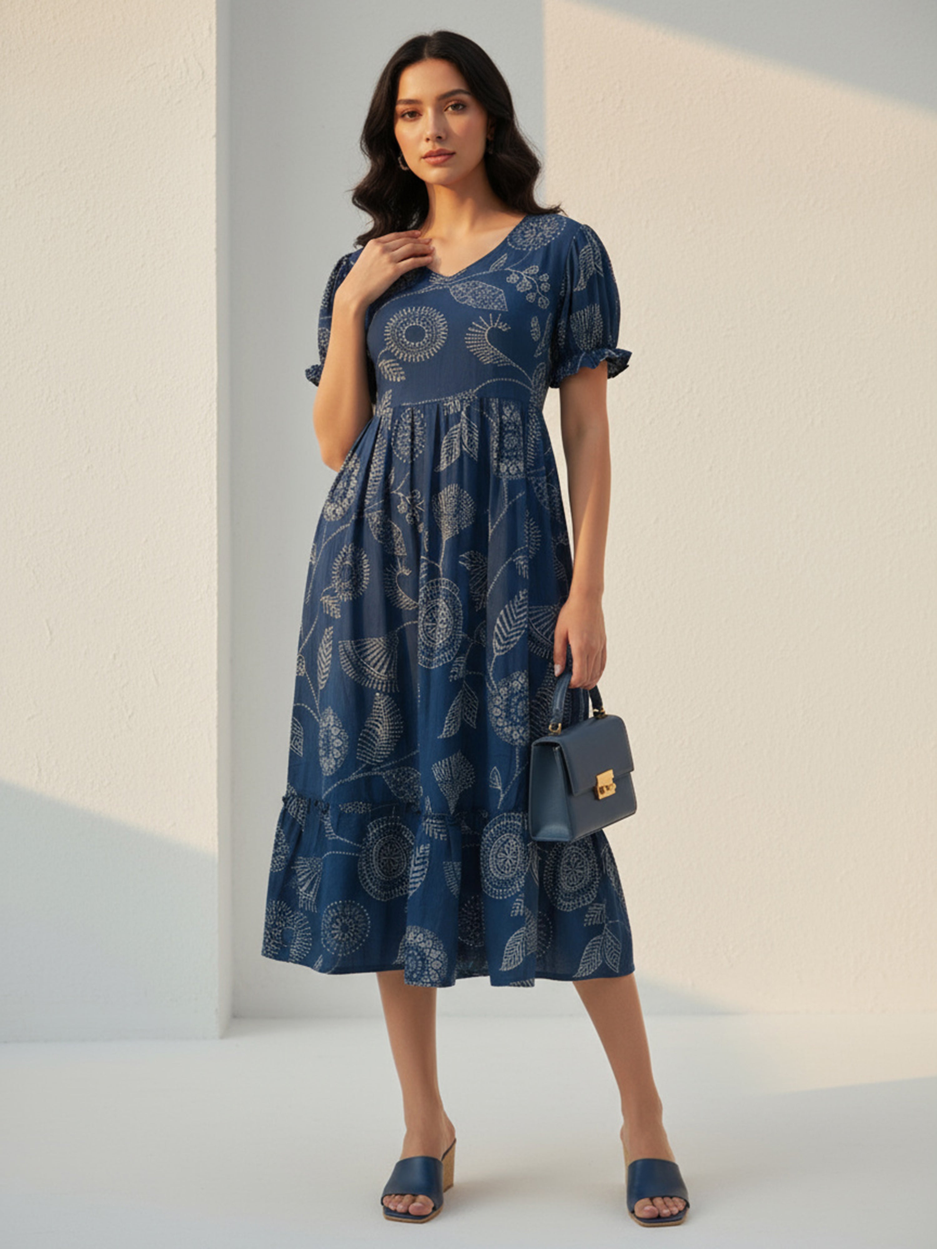 Blue Cotton Puff Sleeve V-Neck Flared Midi Dress for Women