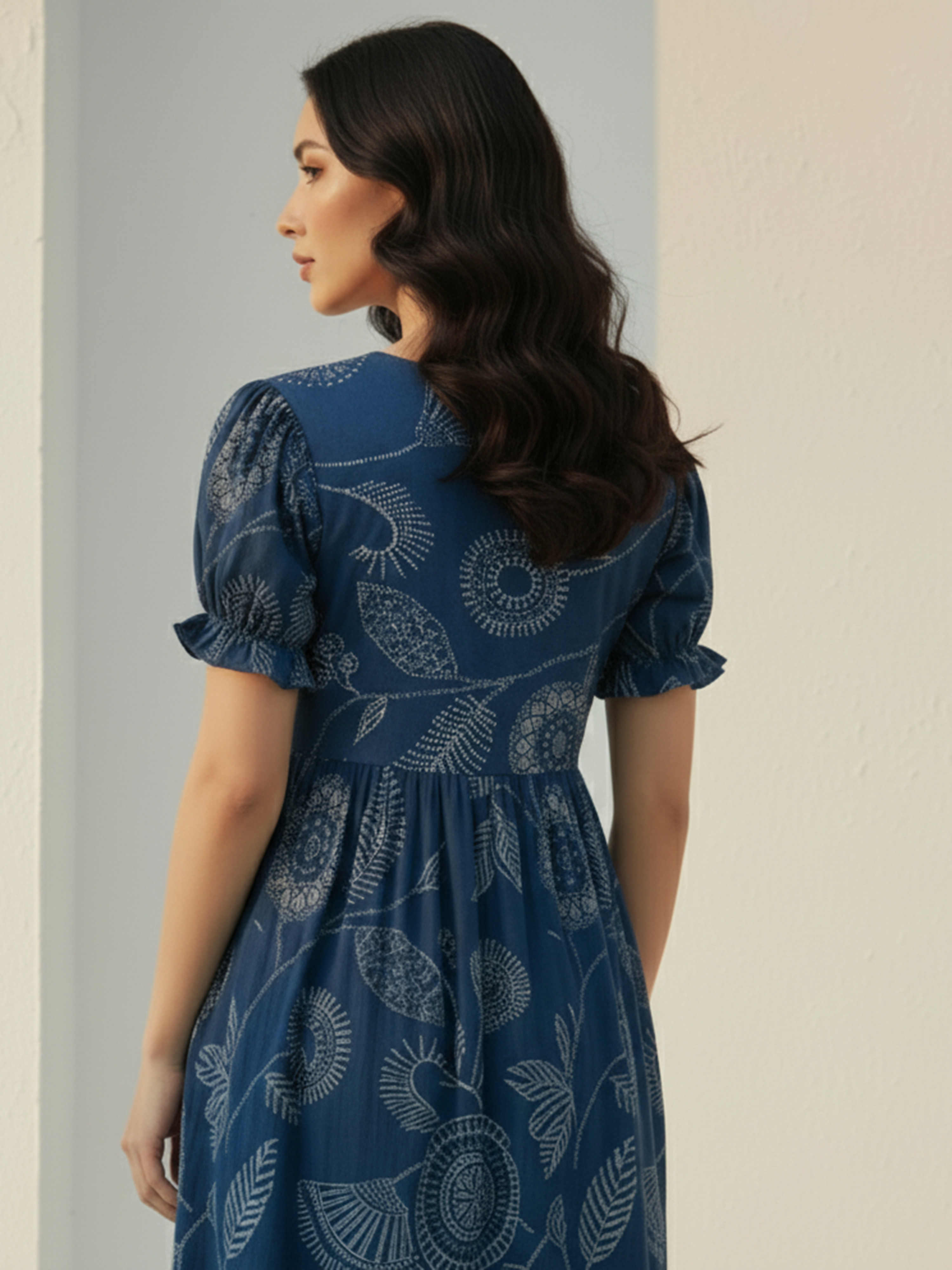 Blue Cotton Puff Sleeve V-Neck Flared Midi Dress for Women
