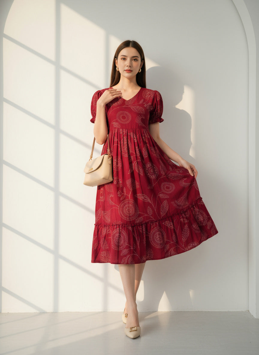 Radiant Maroon Cotton Flex Flared Dress for Women