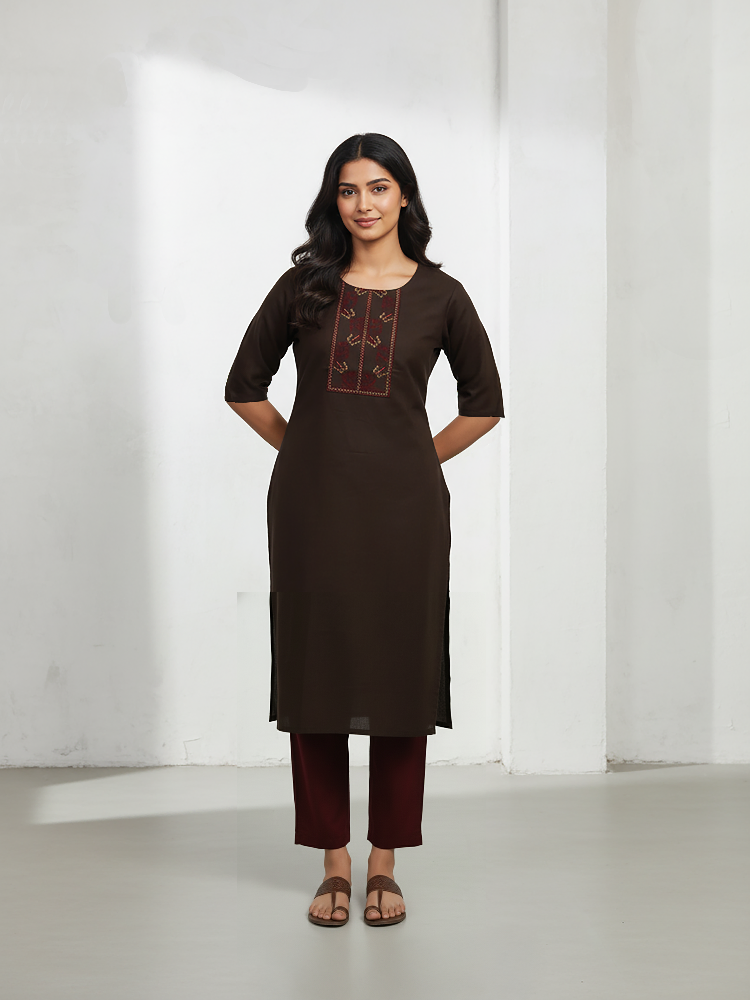 Brown Printed Side Slit Poly Cotton Kurti For Women