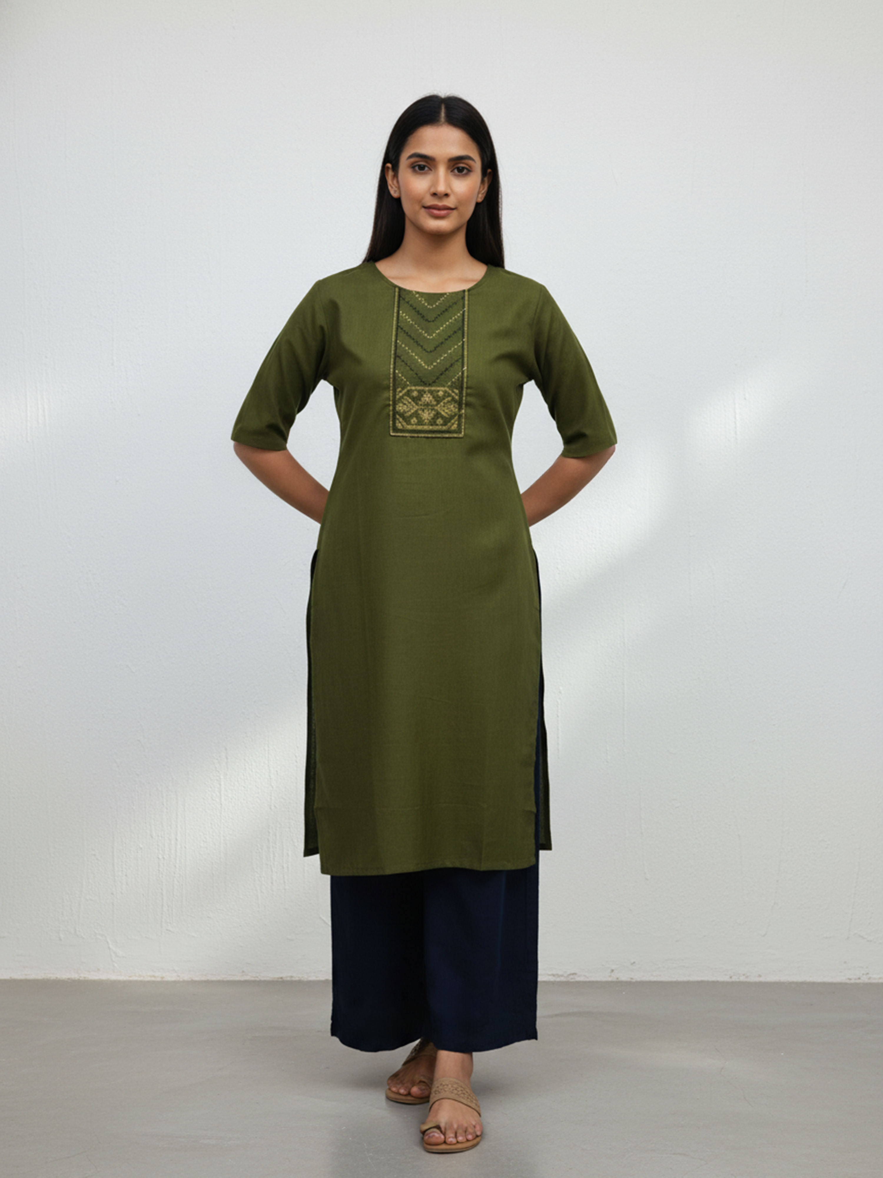 Mehendi Printed Side Slit Poly Cotton Kurti For Women