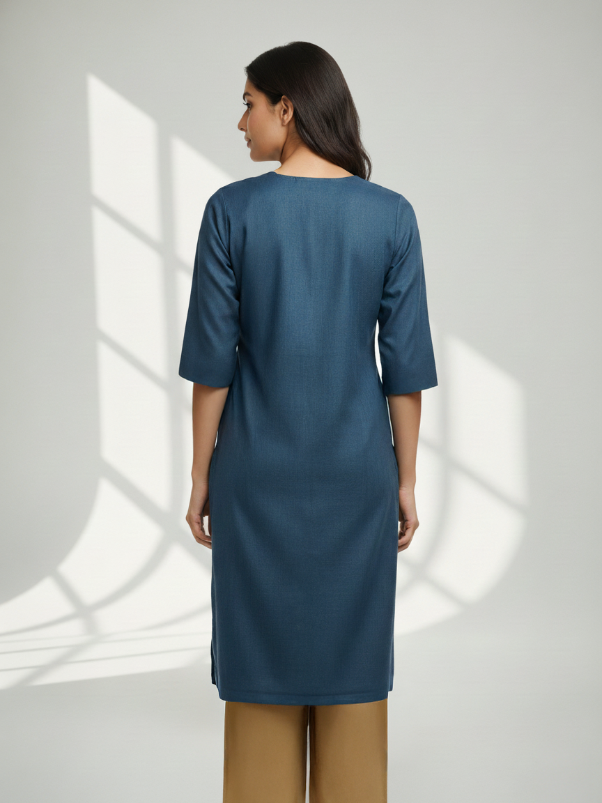 Denim Blue Printed Side Slit Poly Cotton Kurti For Women