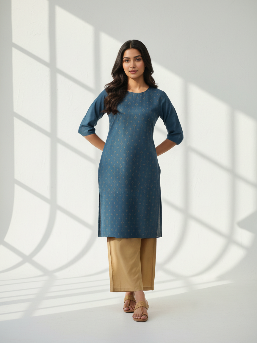 Denim Blue Printed Side Slit Poly Cotton Kurti For Women