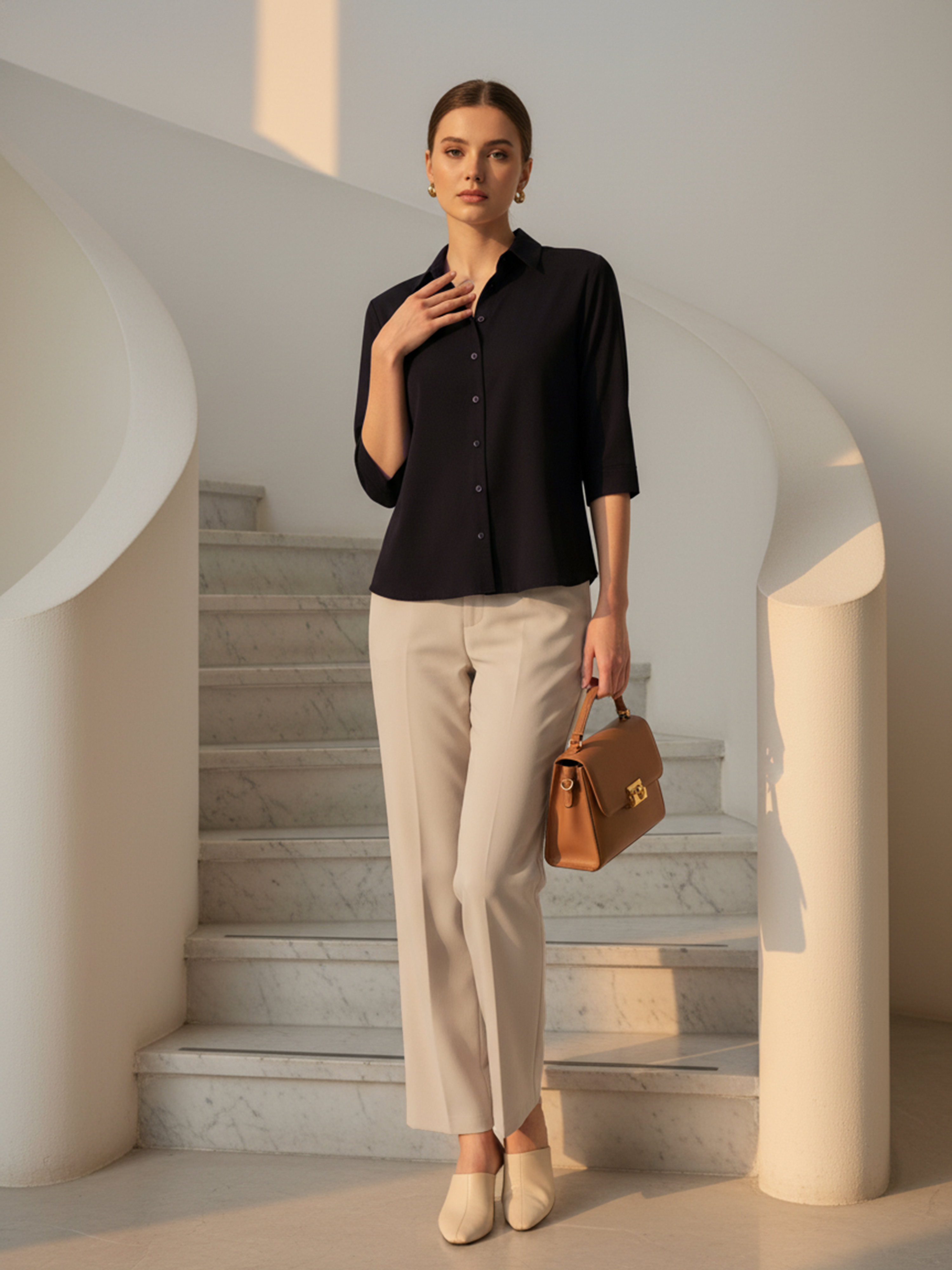 Black Polyester Plain Formal Shirt For Women