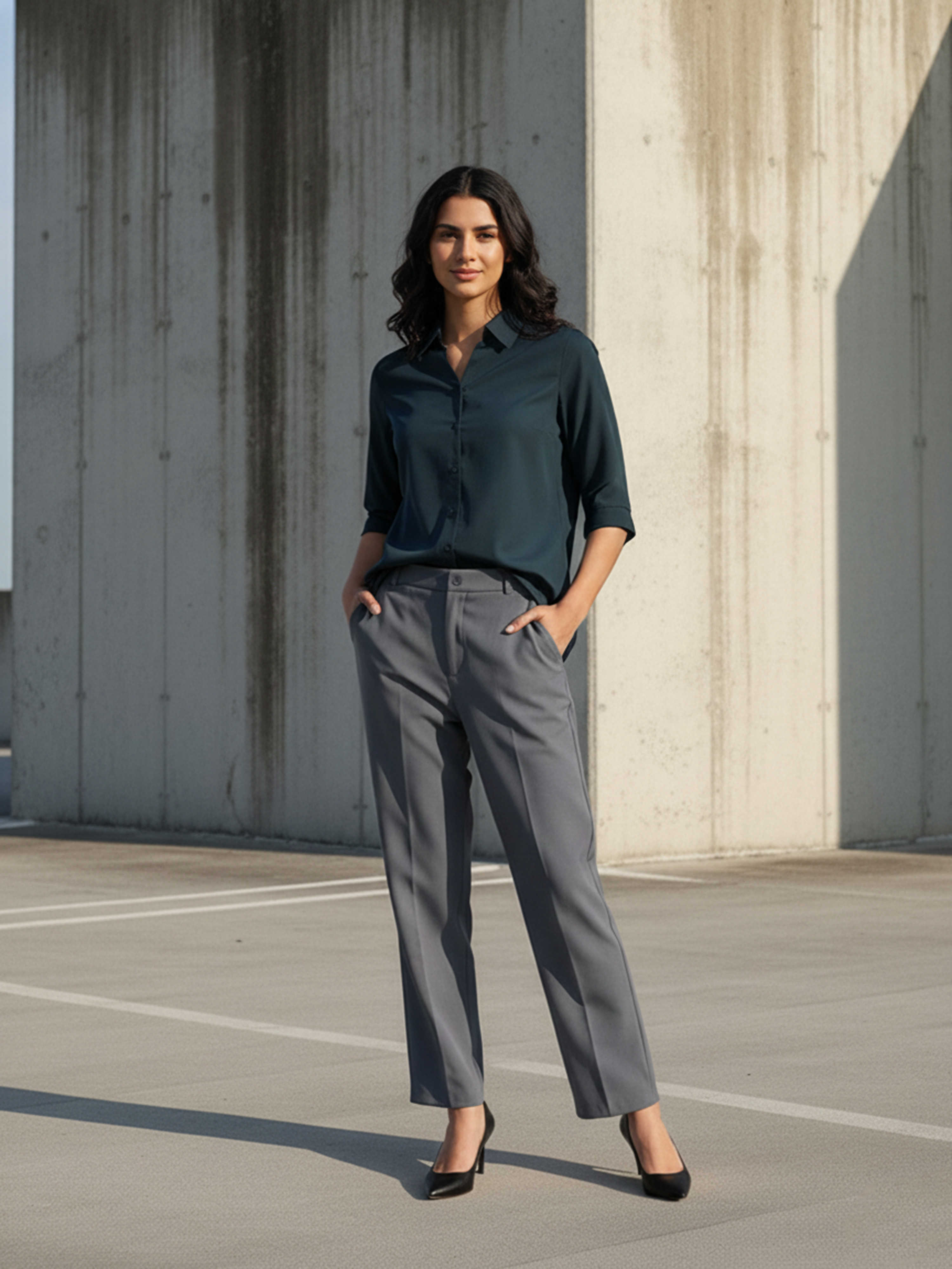 Navy Polyester Plain Formal Shirt For Women