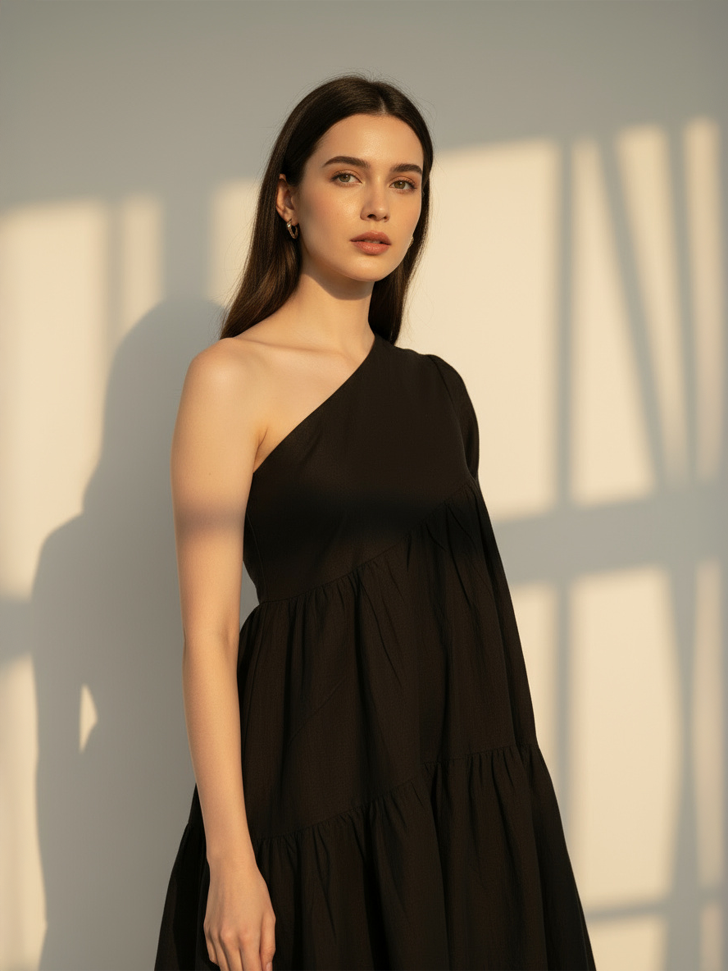 Bold Black One-Shoulder Flex Flared Dress