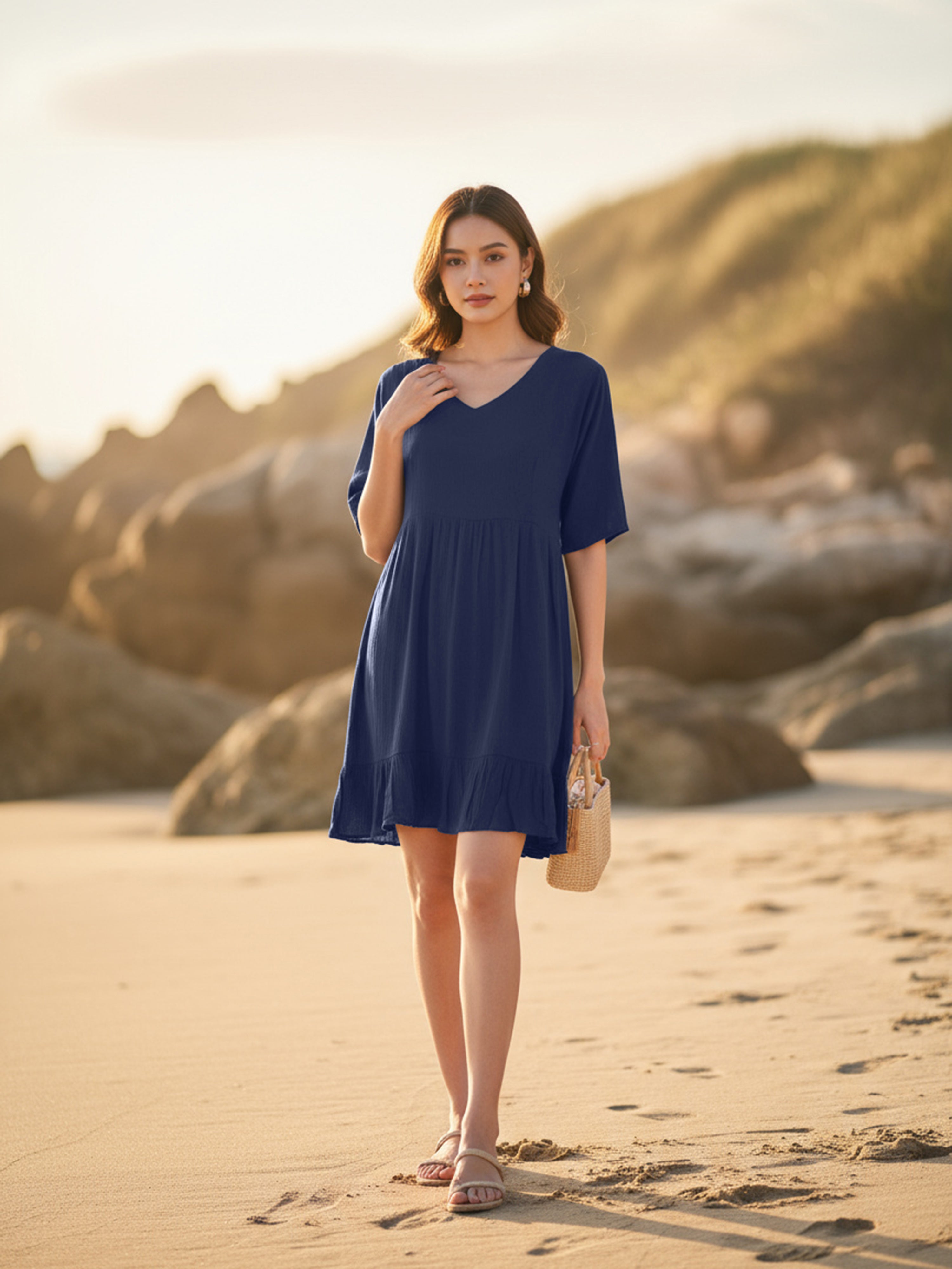 Dark Navy Gathered Rayon Short Dress