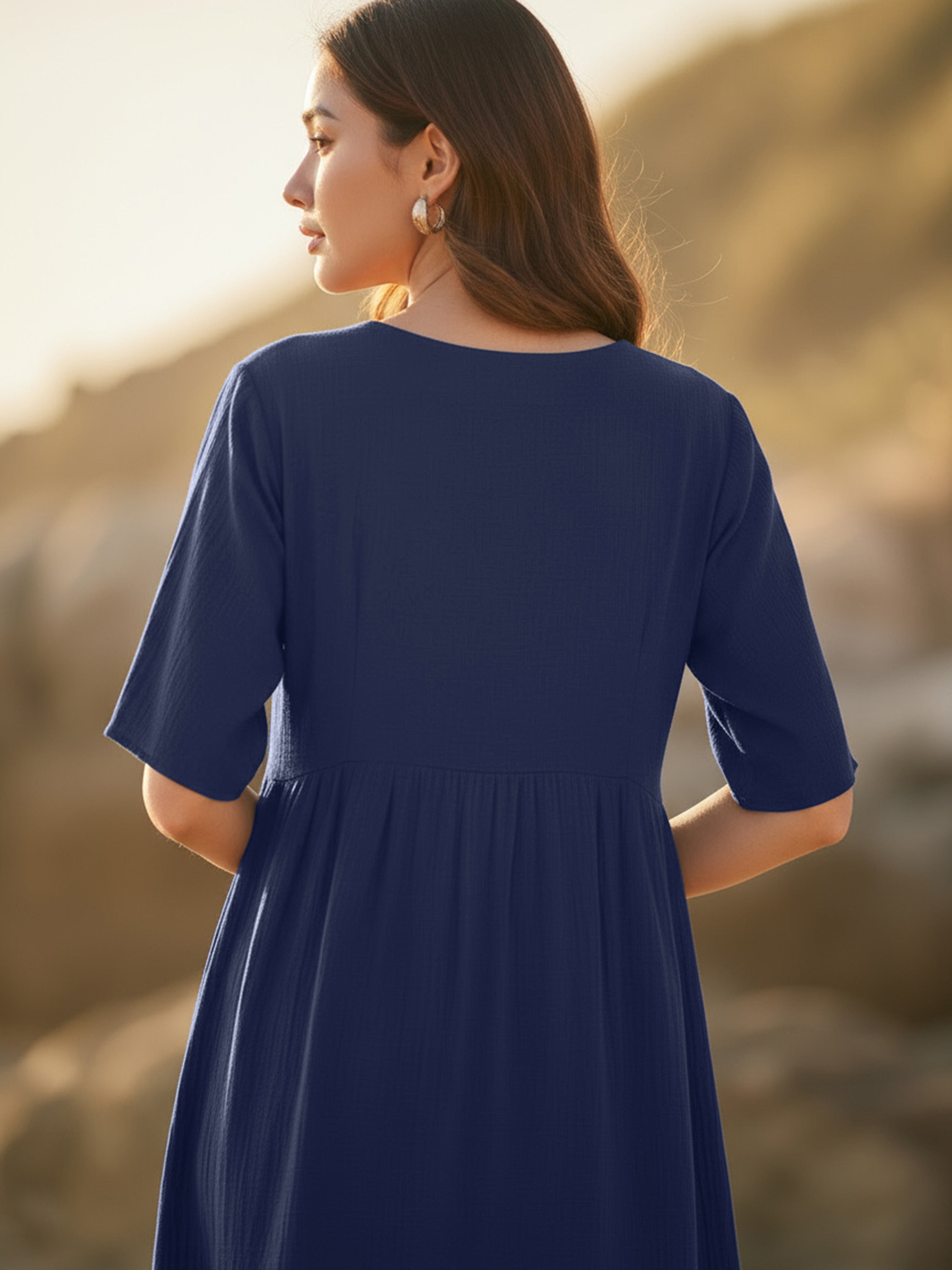 Dark Navy Gathered Rayon Short Dress