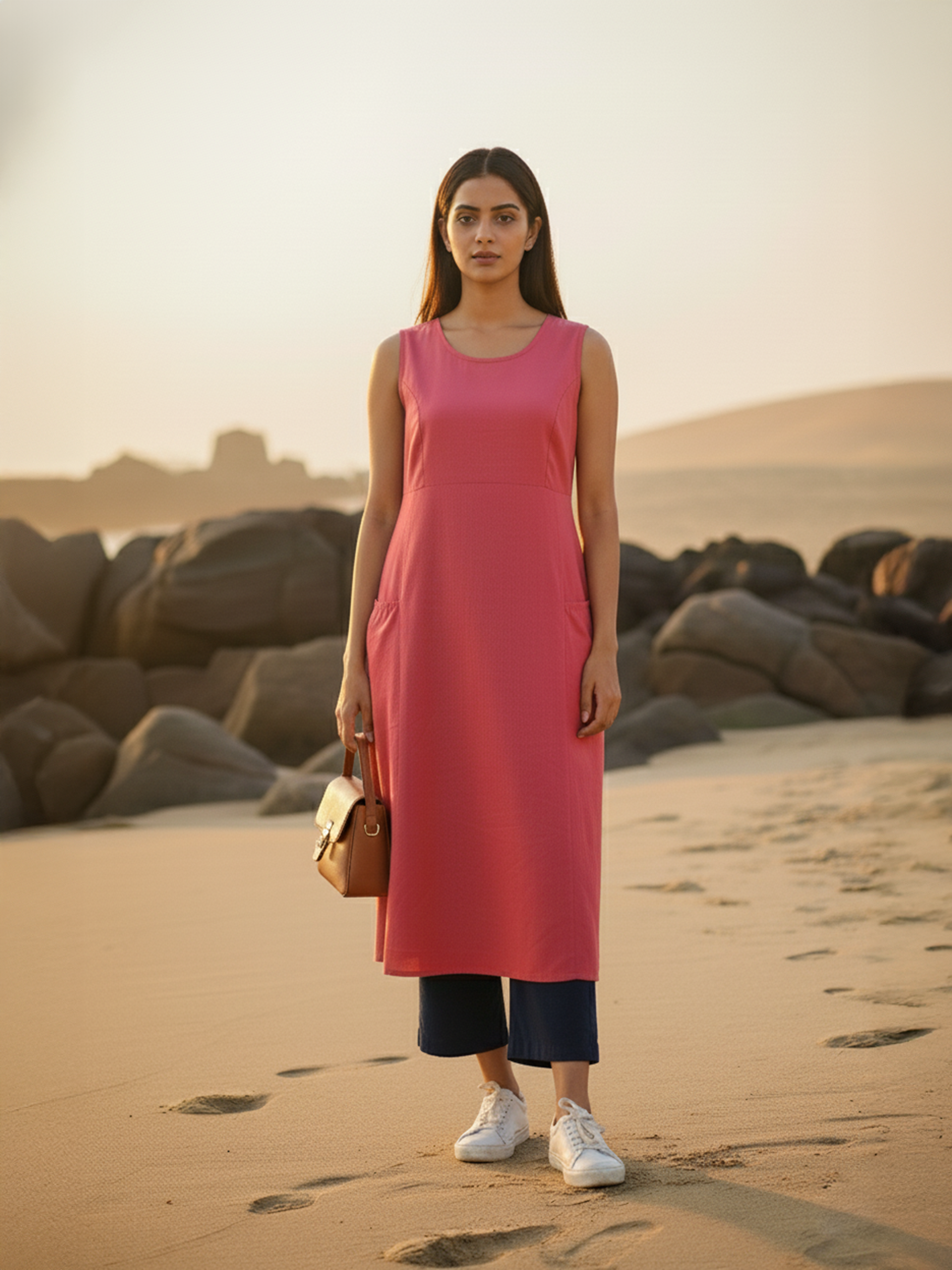 Peach Cotton Flex Plain Flared Long Dress For Women