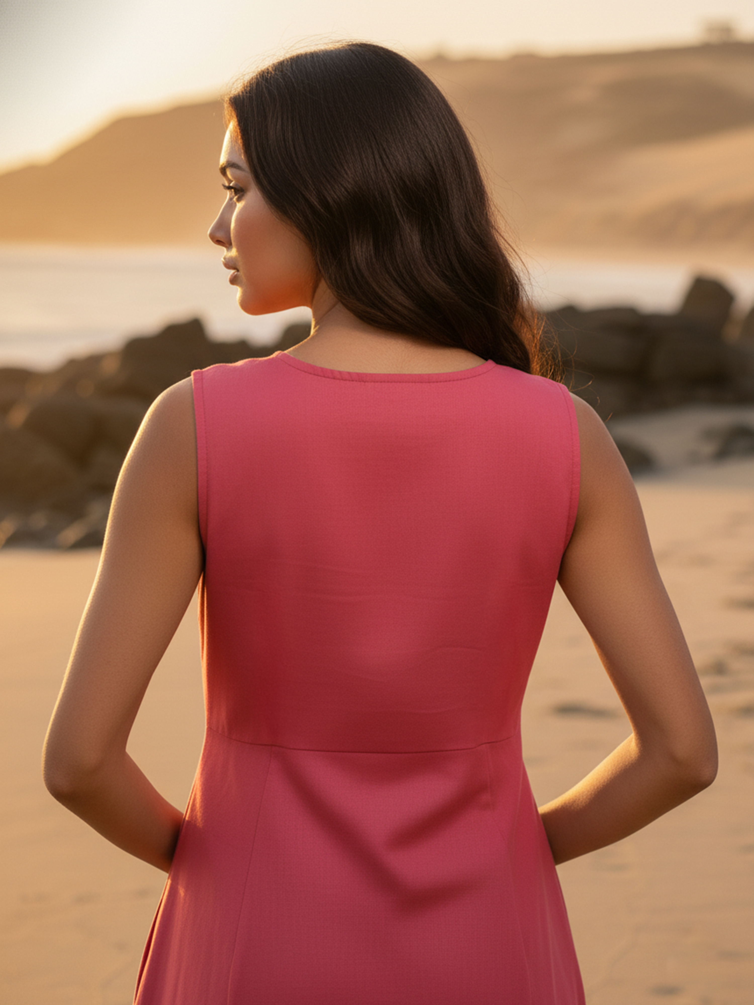 Peach Cotton Flex Plain Flared Long Dress For Women