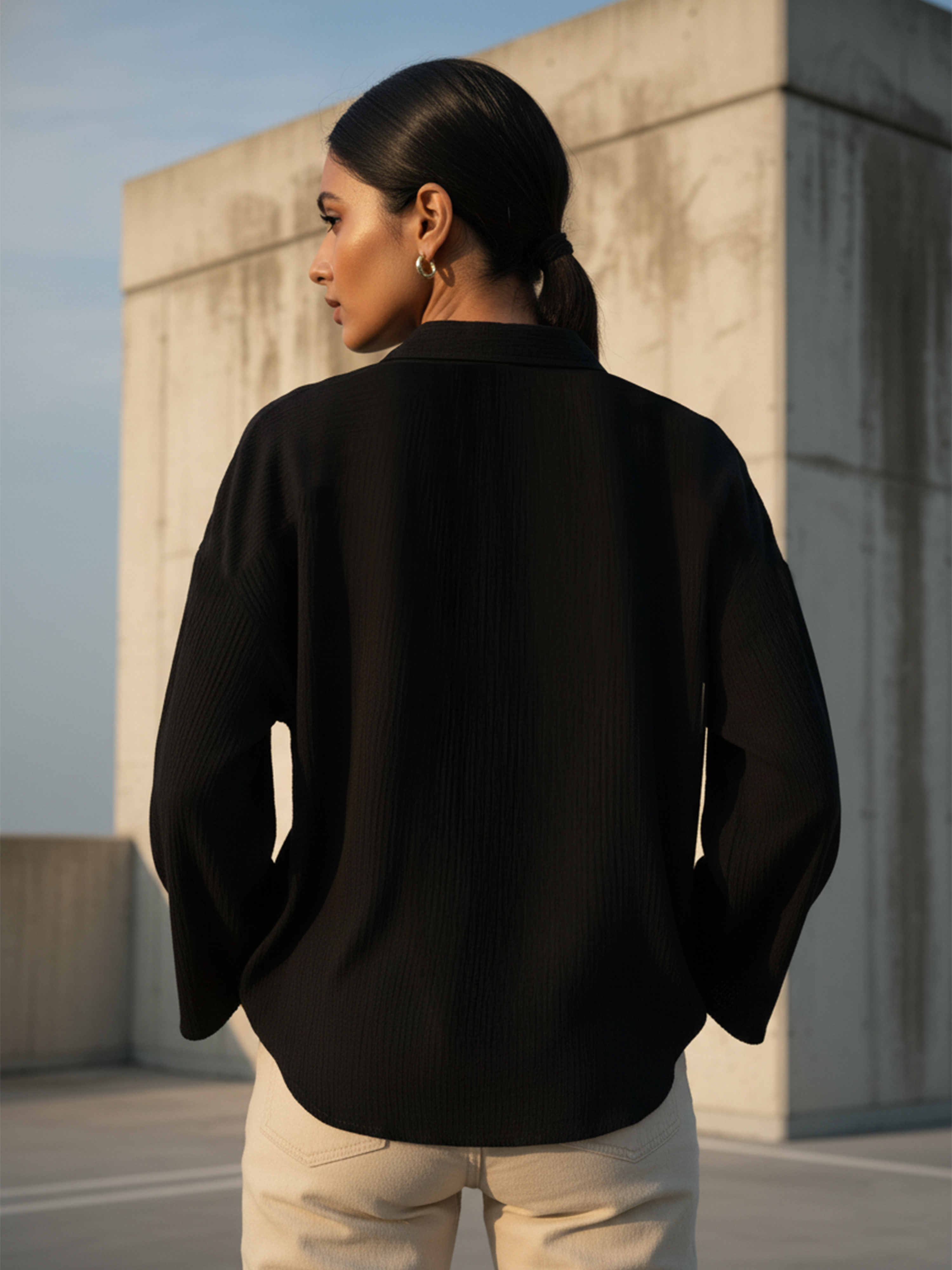 Black Rayon Crepe Plain Formal Shirt For Women