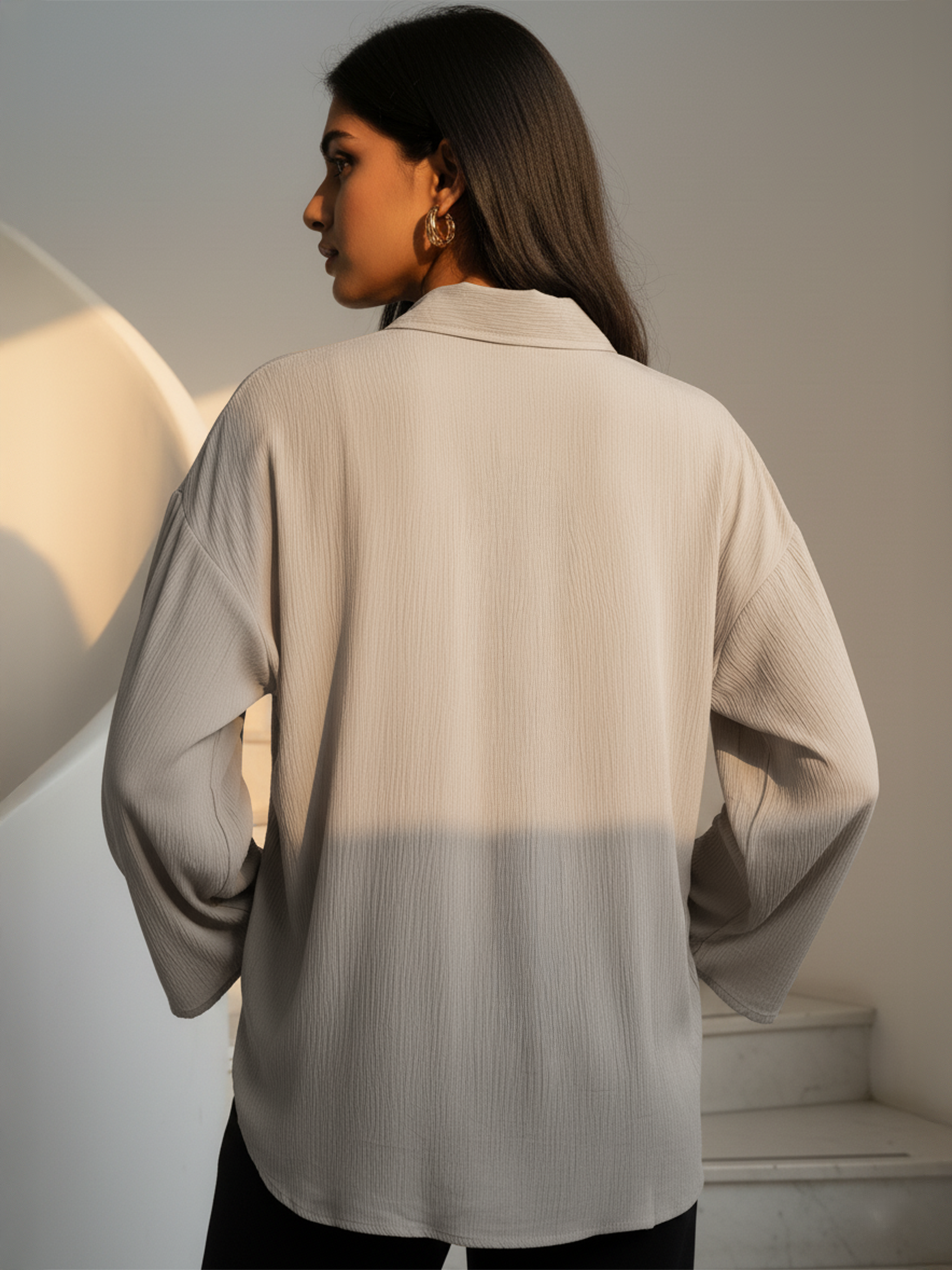 Grey Rayon Crepe Plain Formal Shirt For Women