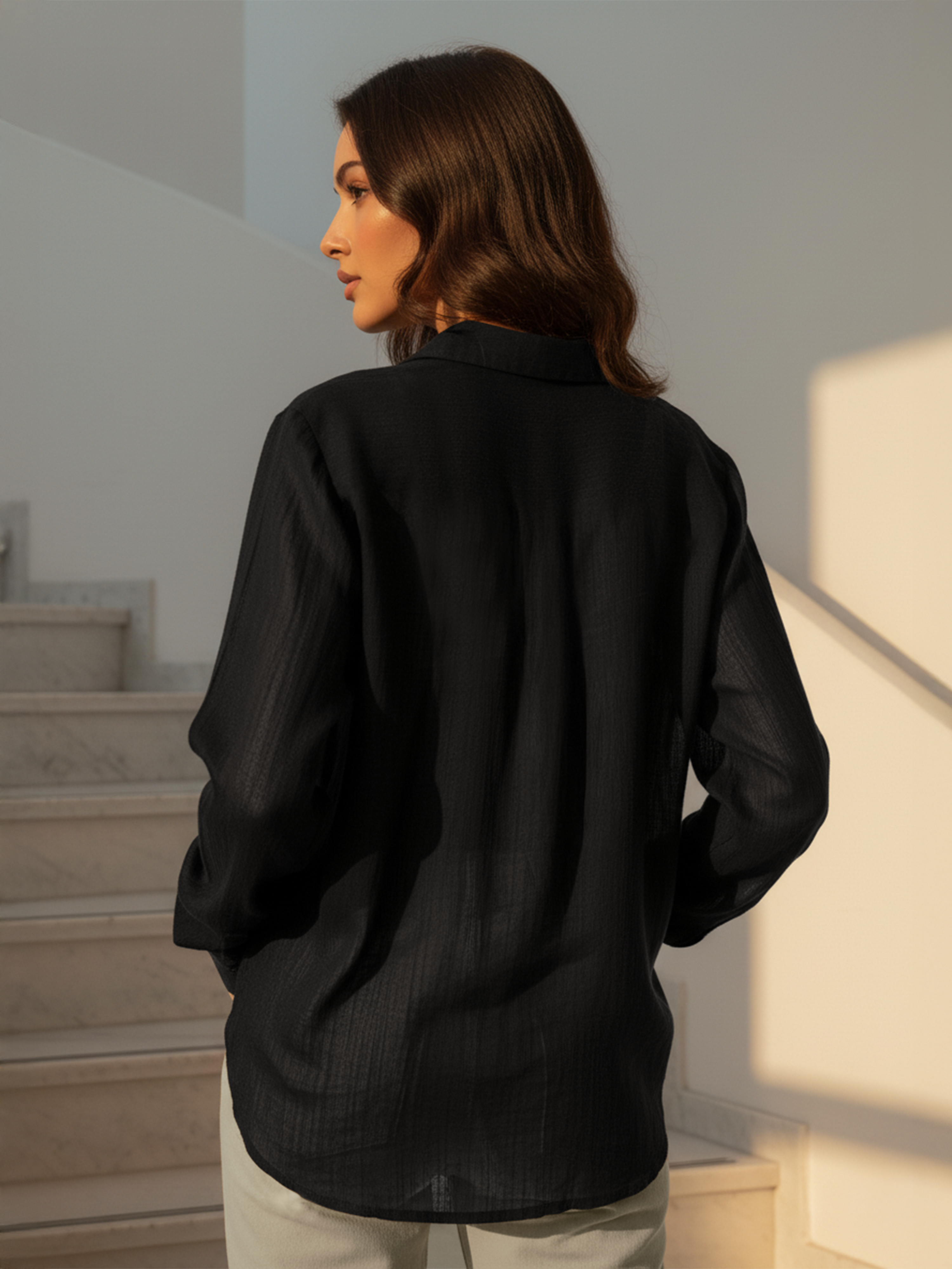 Black Poly Satin Plain Formal Shirt For Women