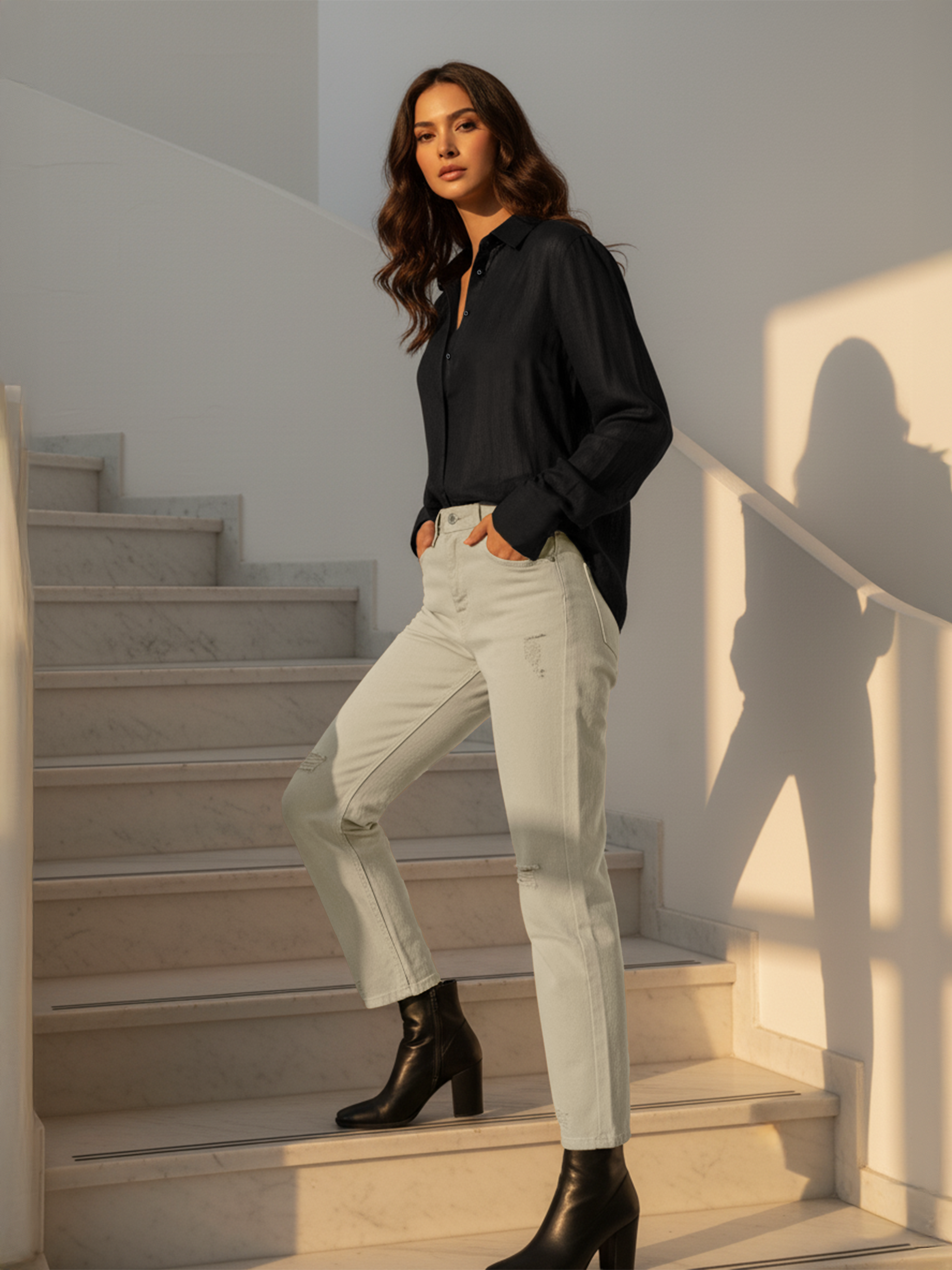 Black Poly Satin Plain Formal Shirt For Women