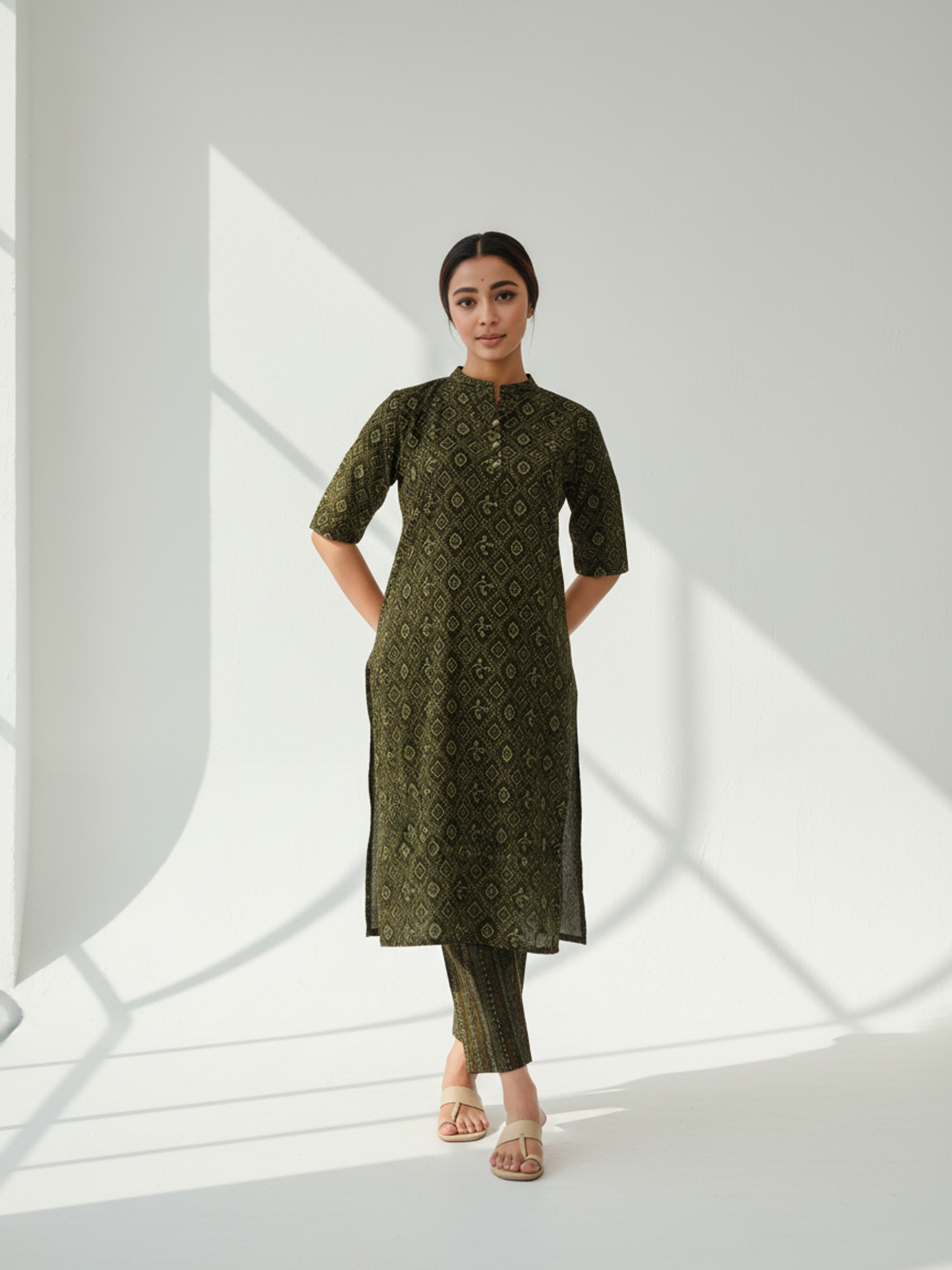 Mehendi Green Ajrak Printed Cotton Kurti Set For Women