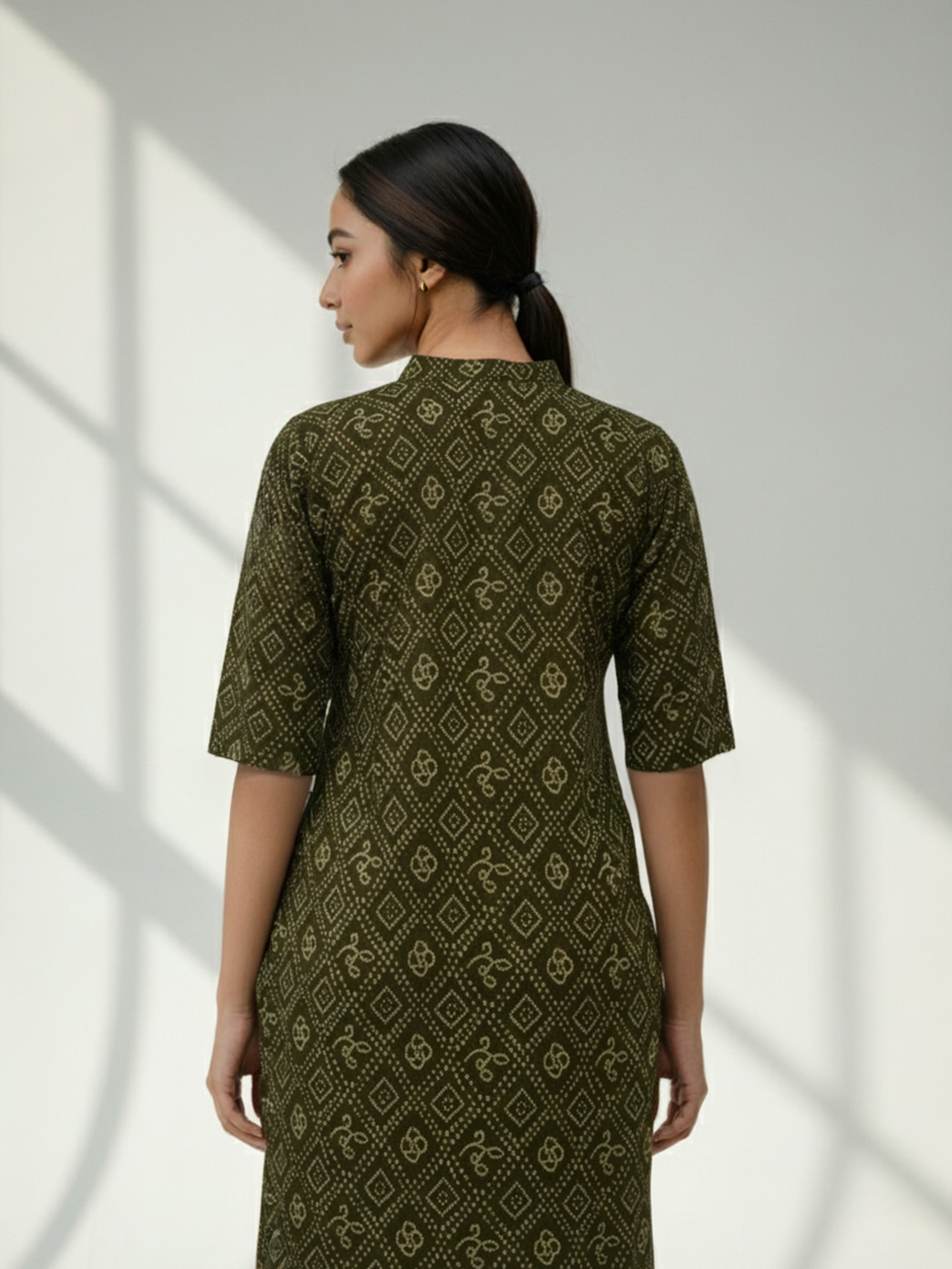 Mehendi Green Ajrak Printed Cotton Kurti Set For Women
