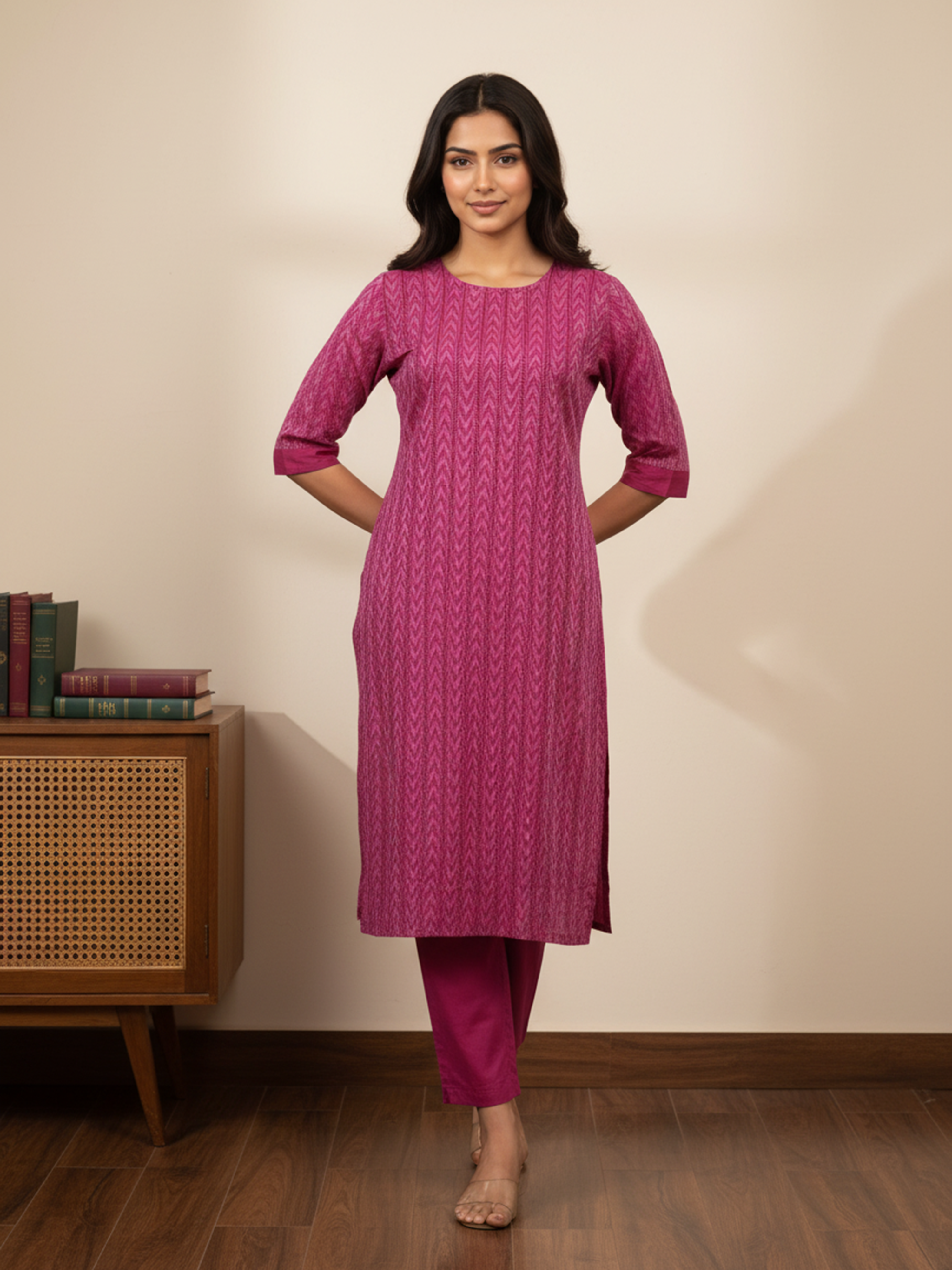 Flurescent Pink Ikat Printed Cotton Kurti Set For Women