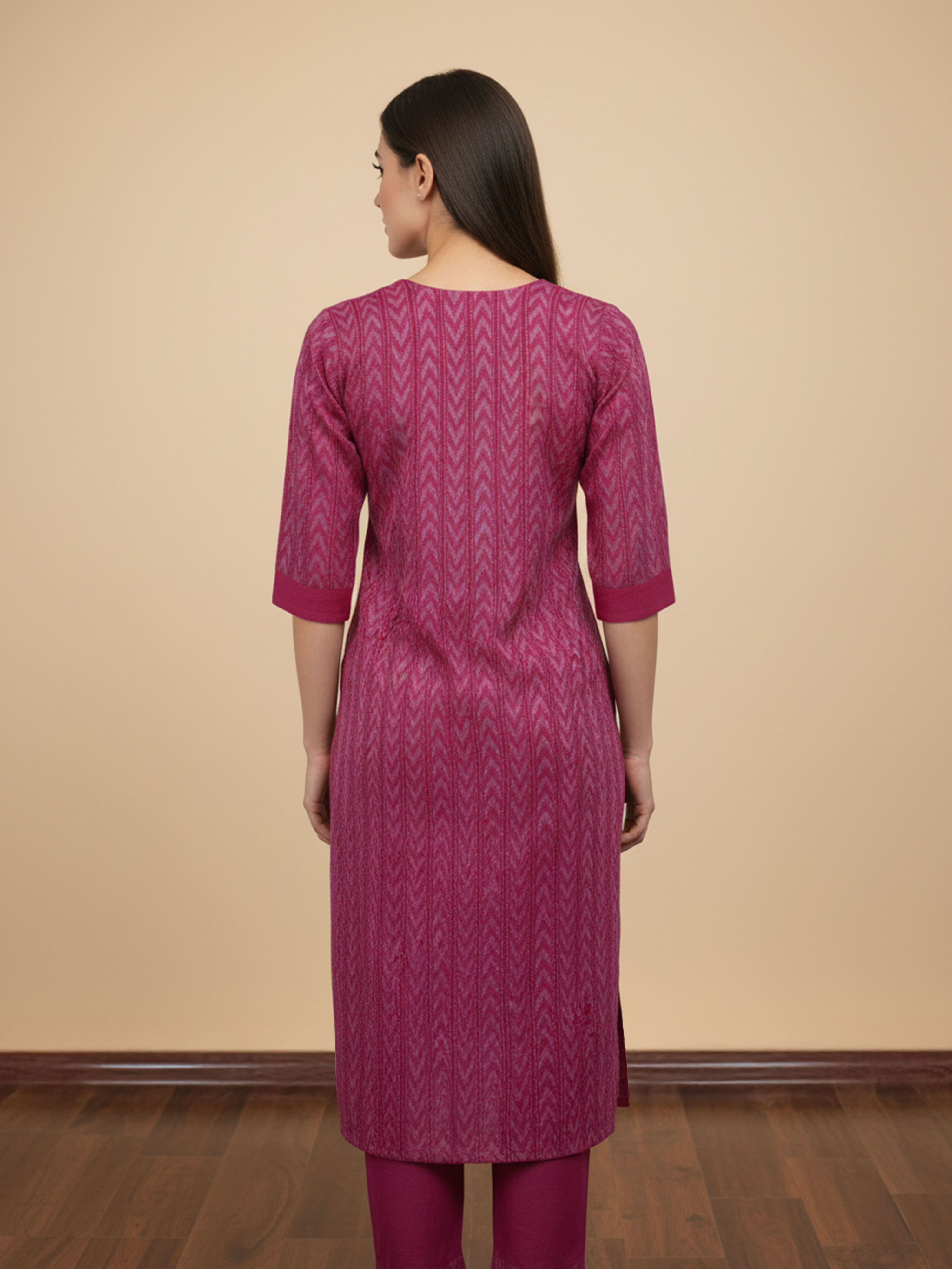 Flurescent Pink Ikat Printed Cotton Kurti Set For Women