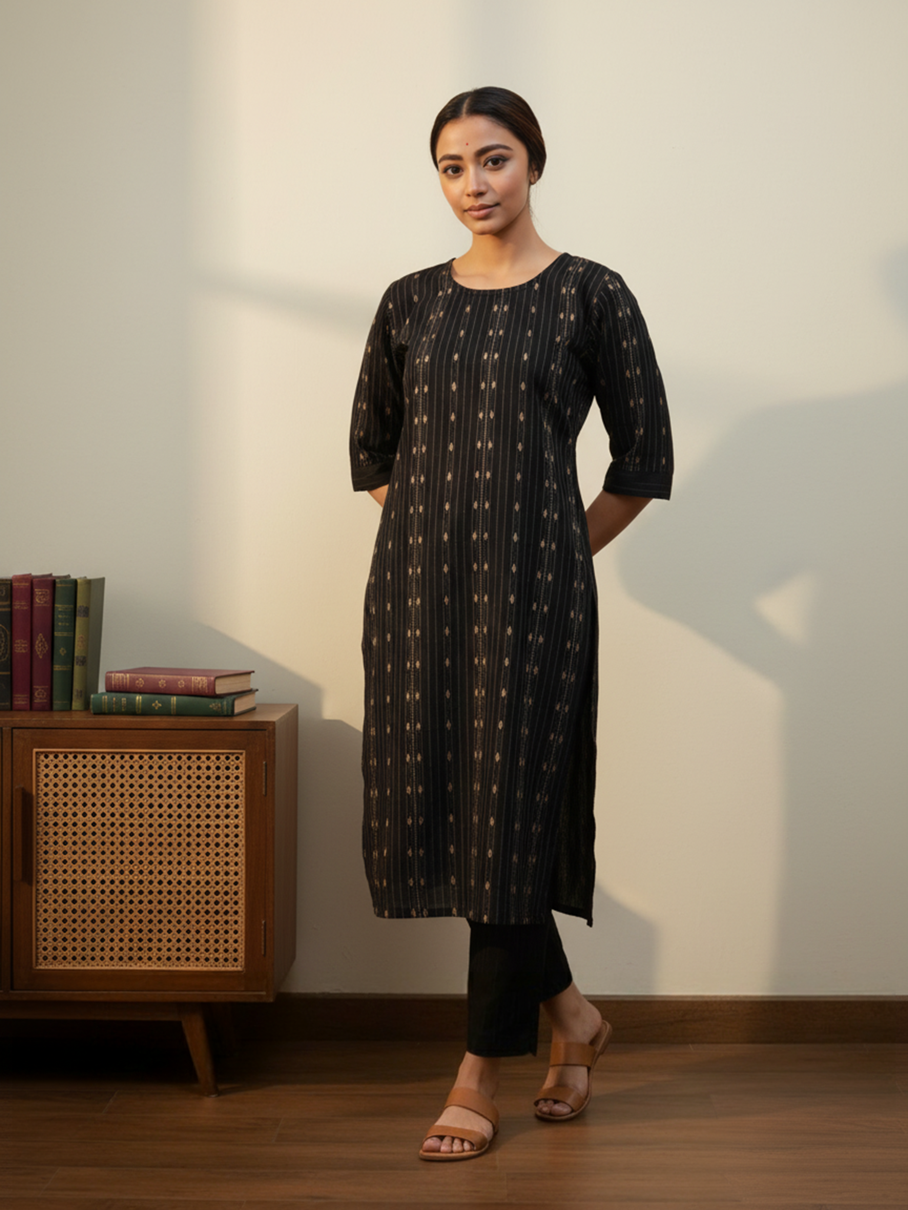 Black Printed Weaving Kurti Set For Women