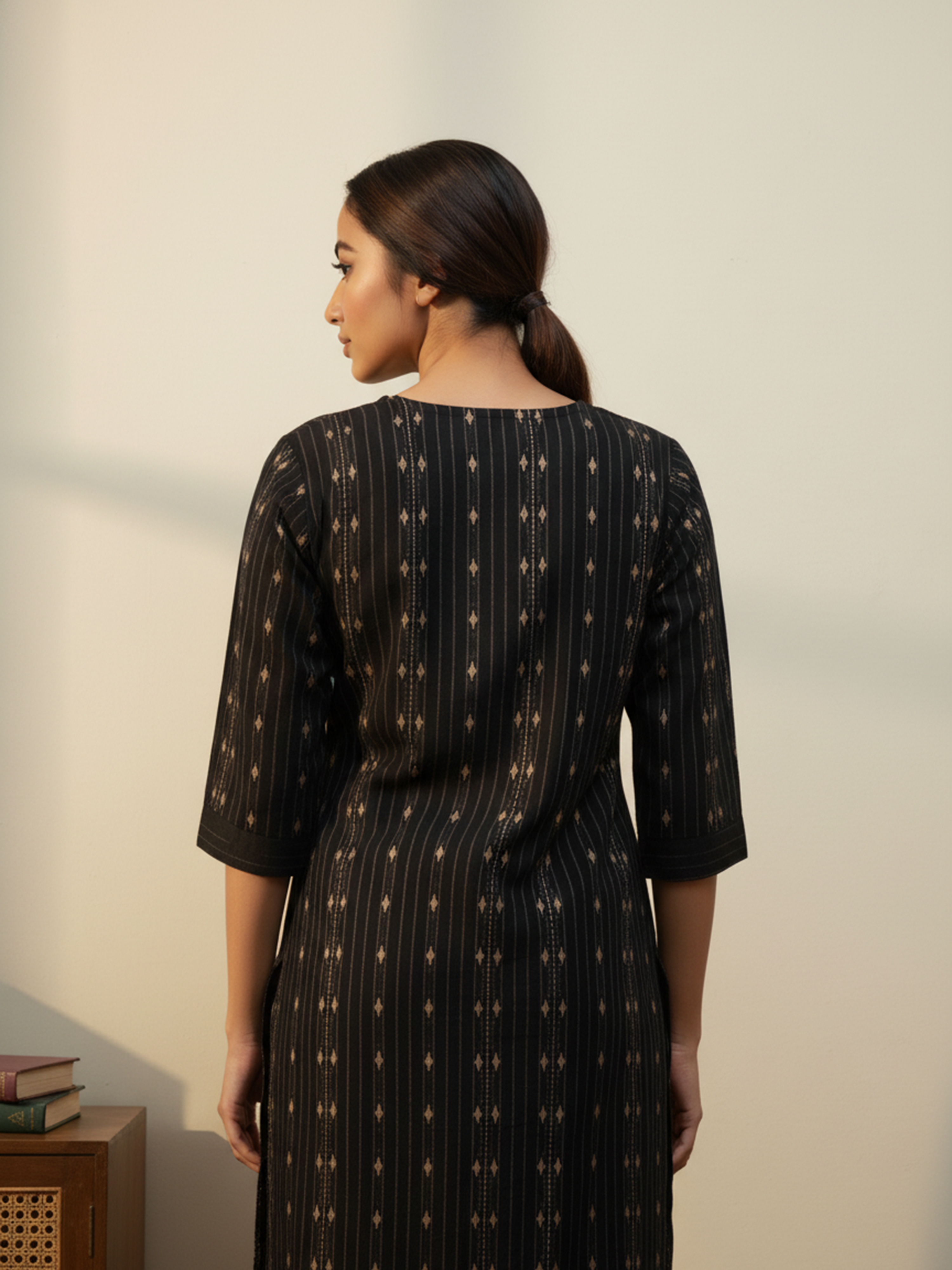 Black Printed Weaving Kurti Set For Women