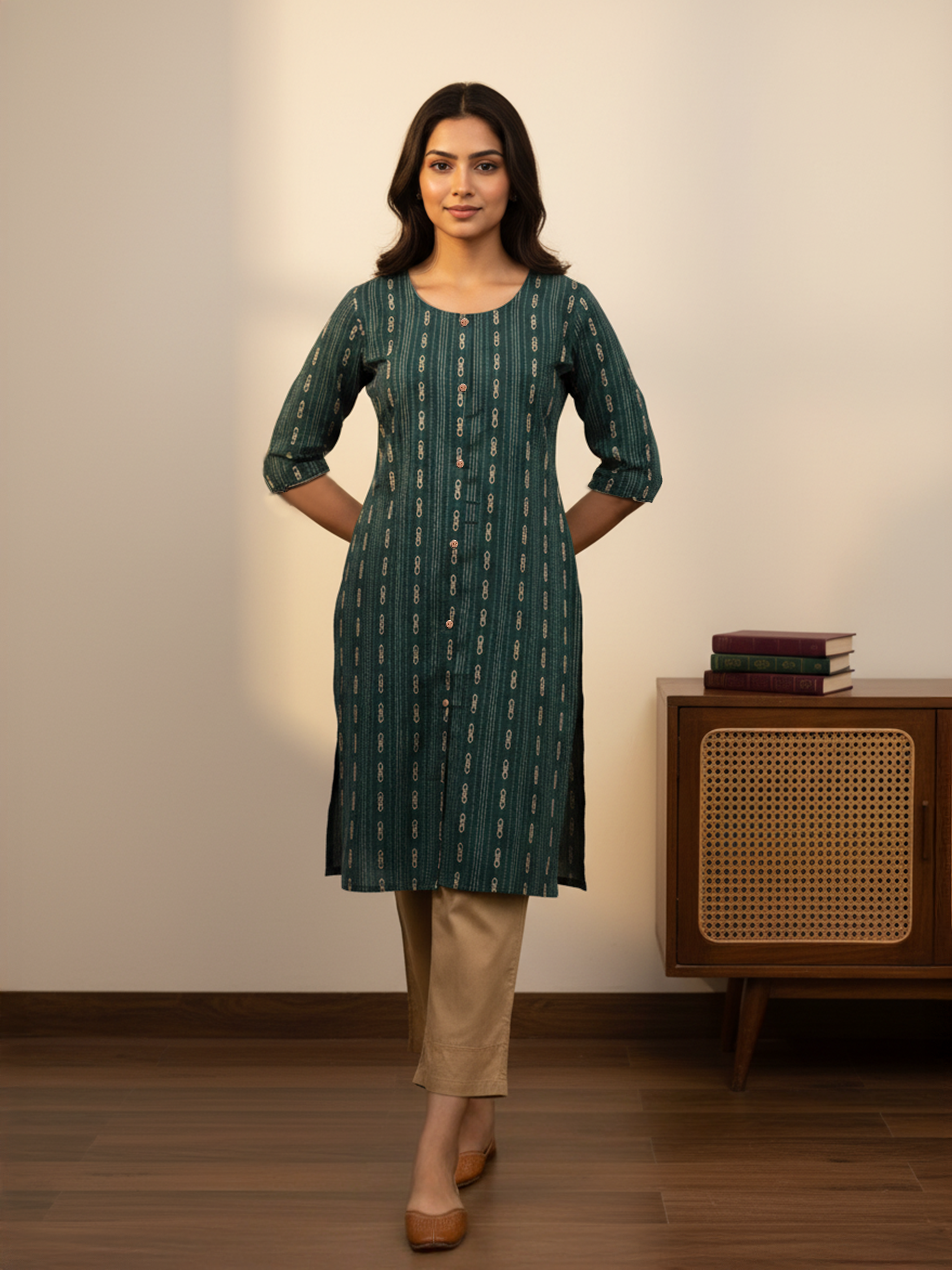 Green Printed Weaving Kurti Set For Women