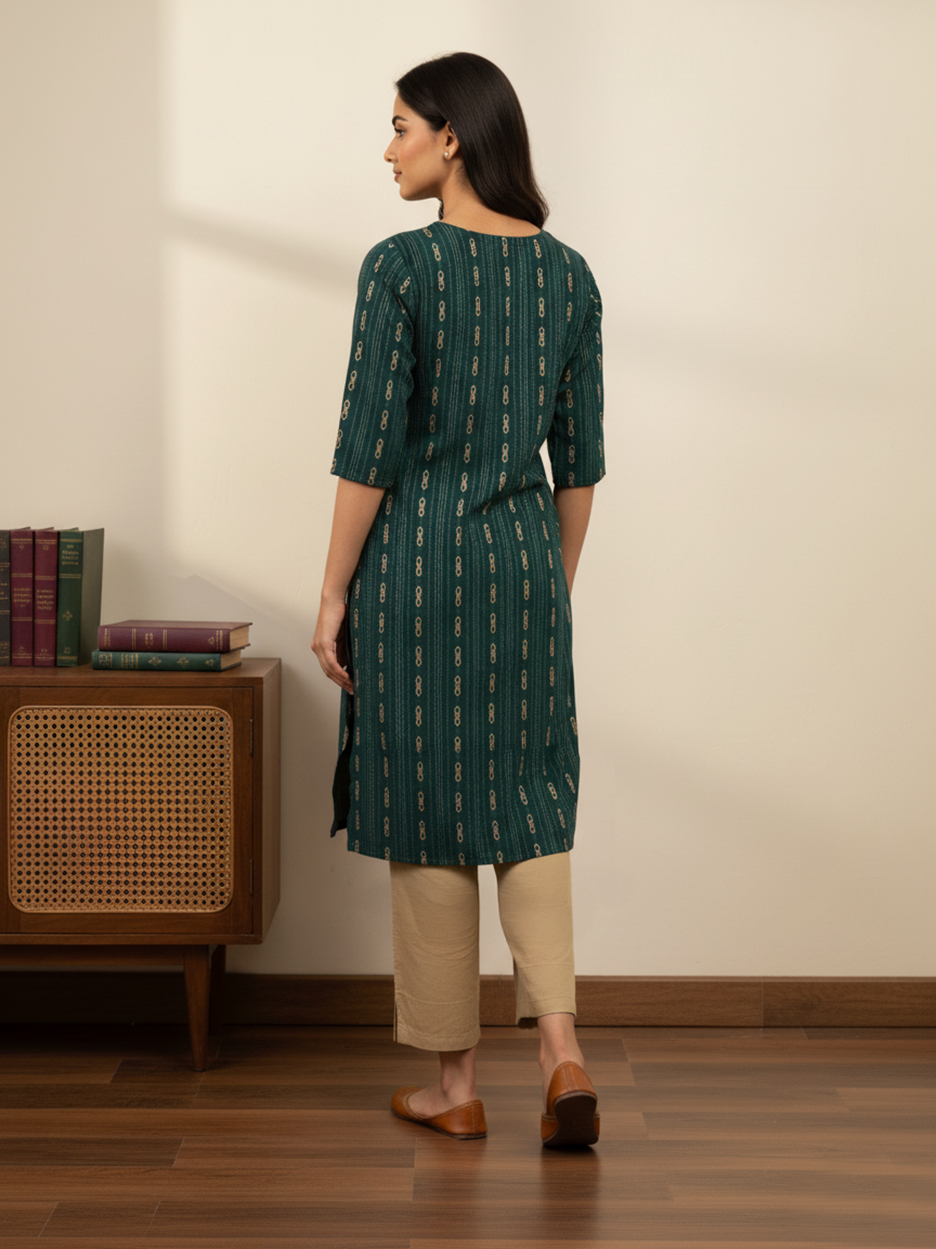 Green Printed Weaving Kurti Set For Women