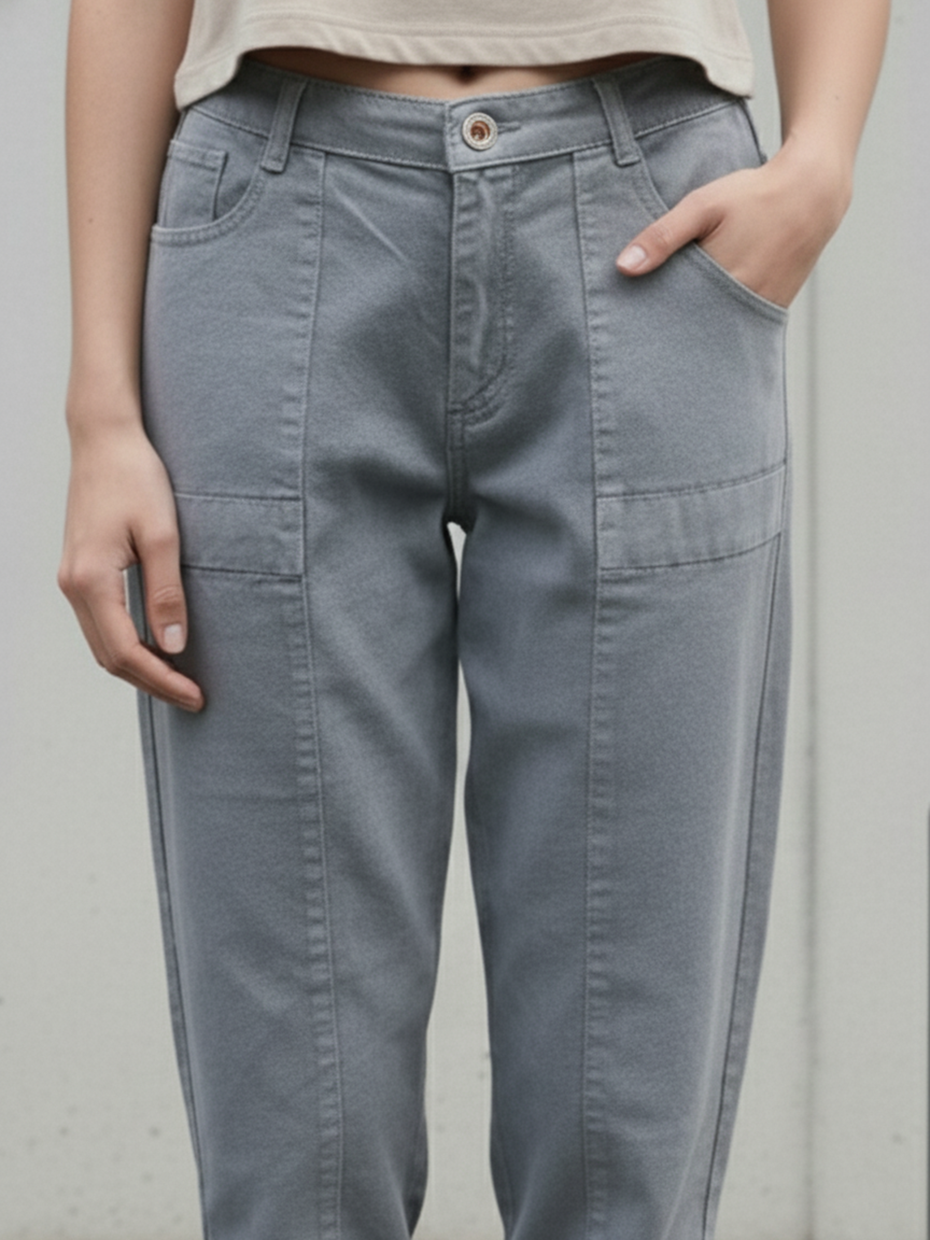 Grey Plain Overdyed Denim For Women