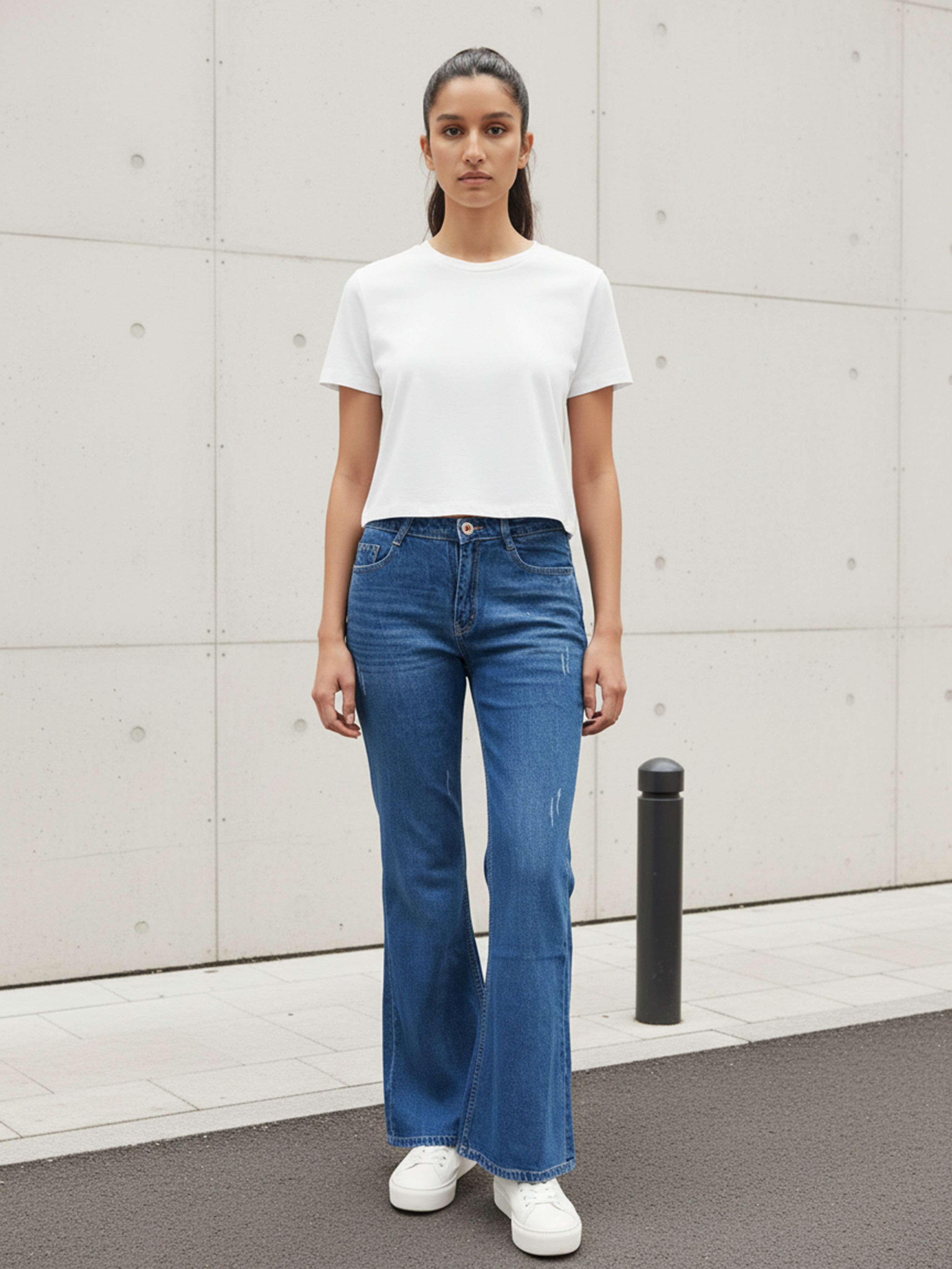 Stone Plain Boot Cut Jeans With Whiskering For Women