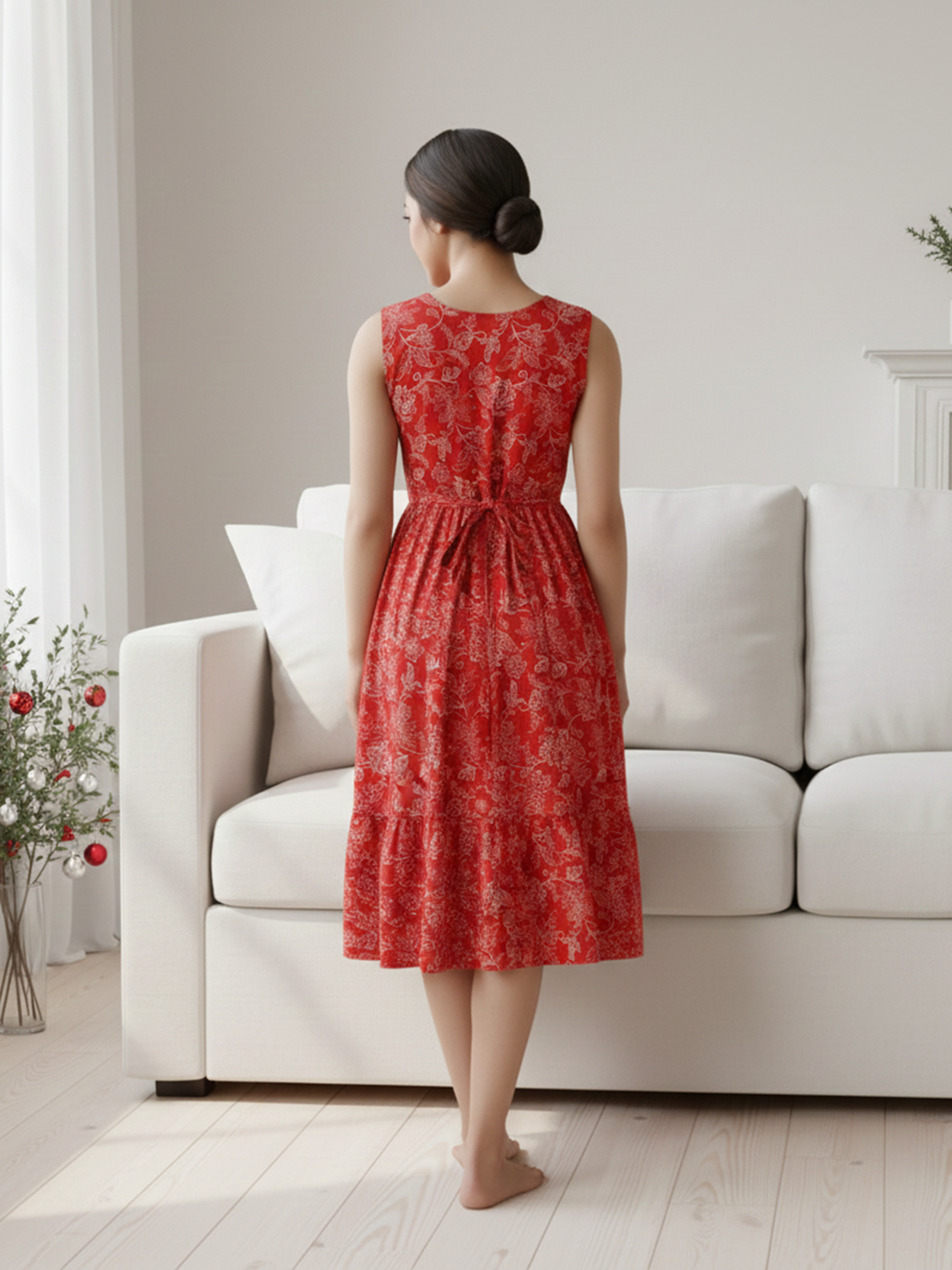 Women's Red Sleeveless Dress with White Floral Design