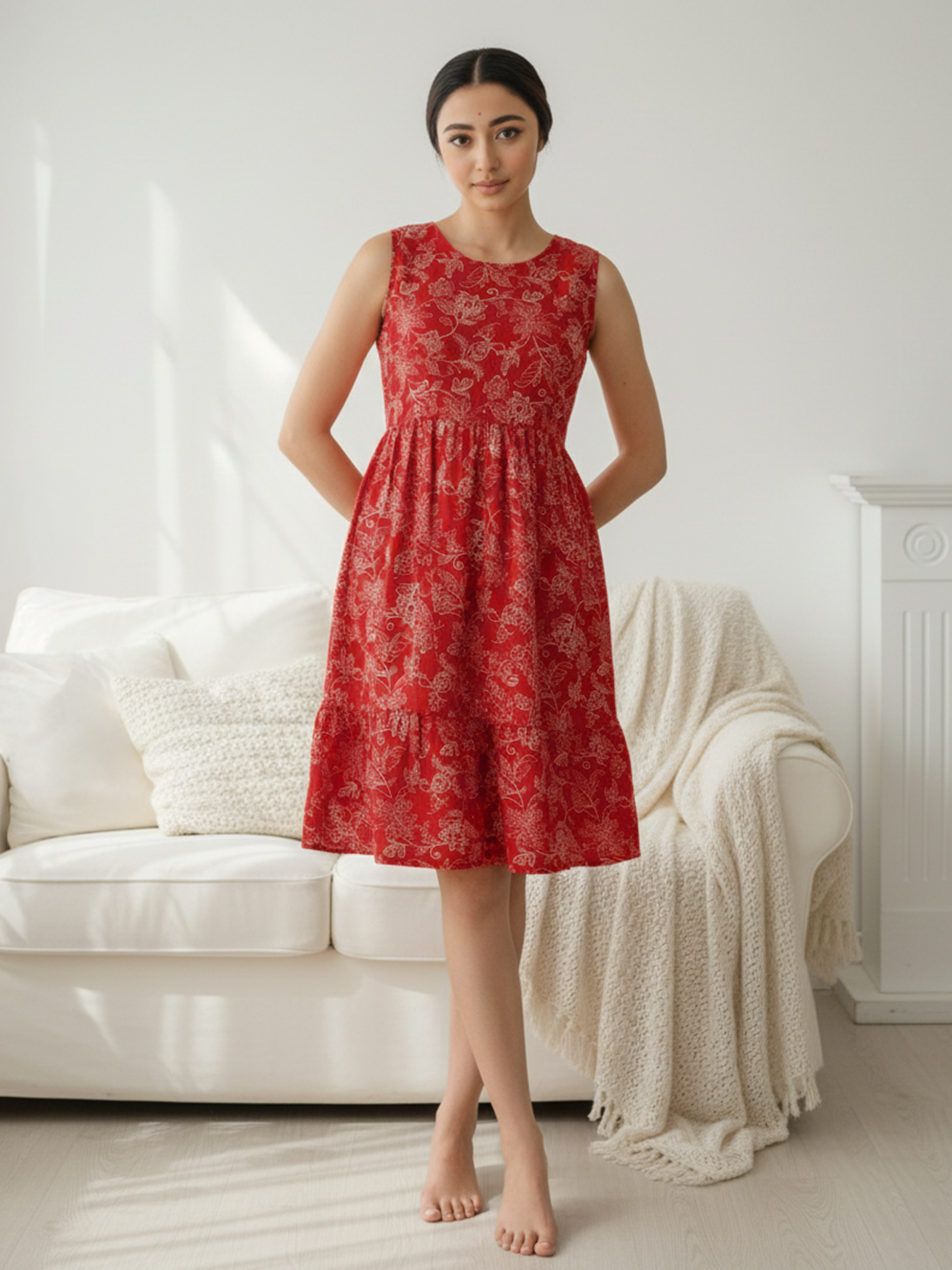 Women's Red Sleeveless Dress with White Floral Design