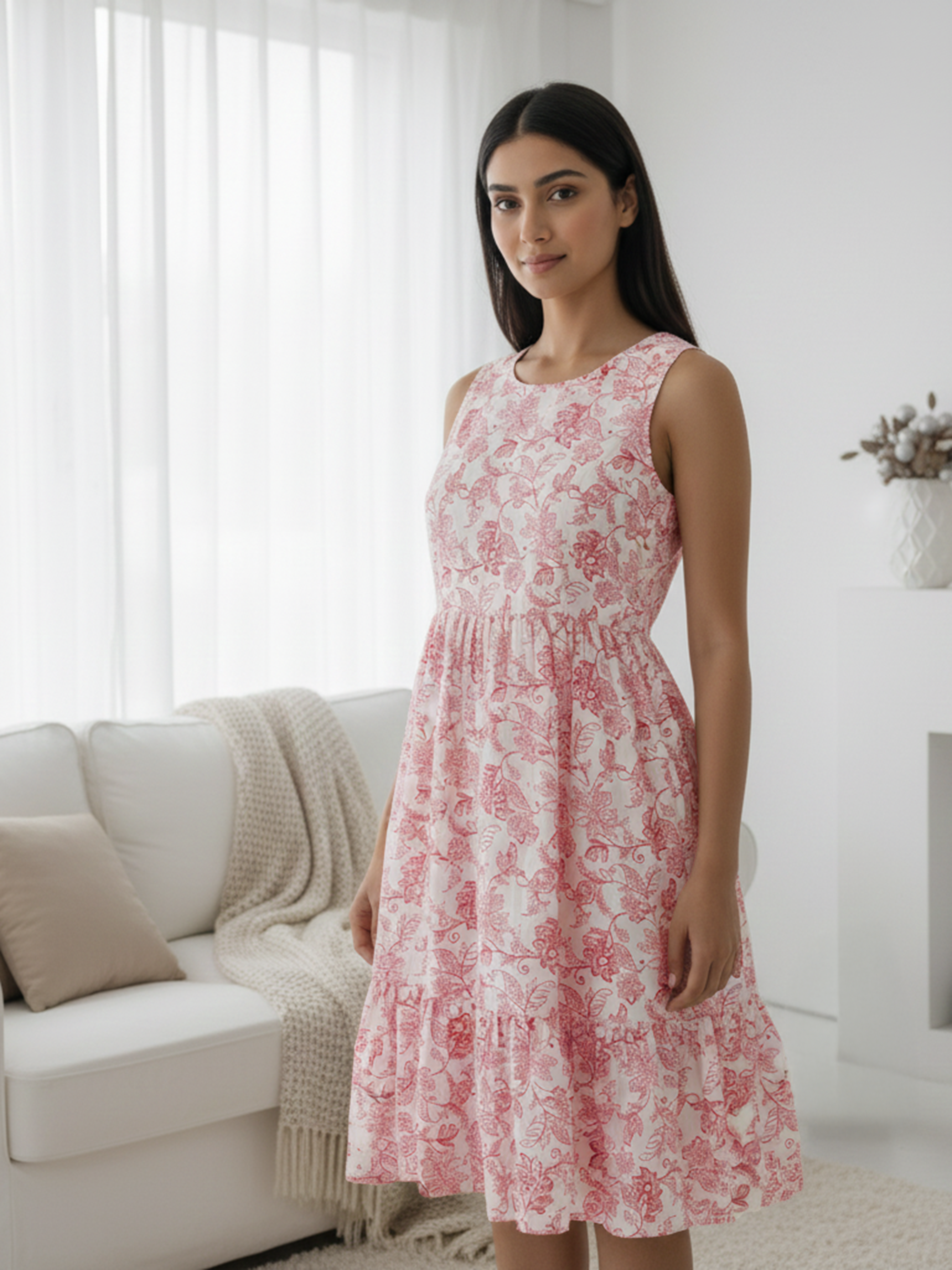 Women's white Sleeveless Dress with Red Floral Design