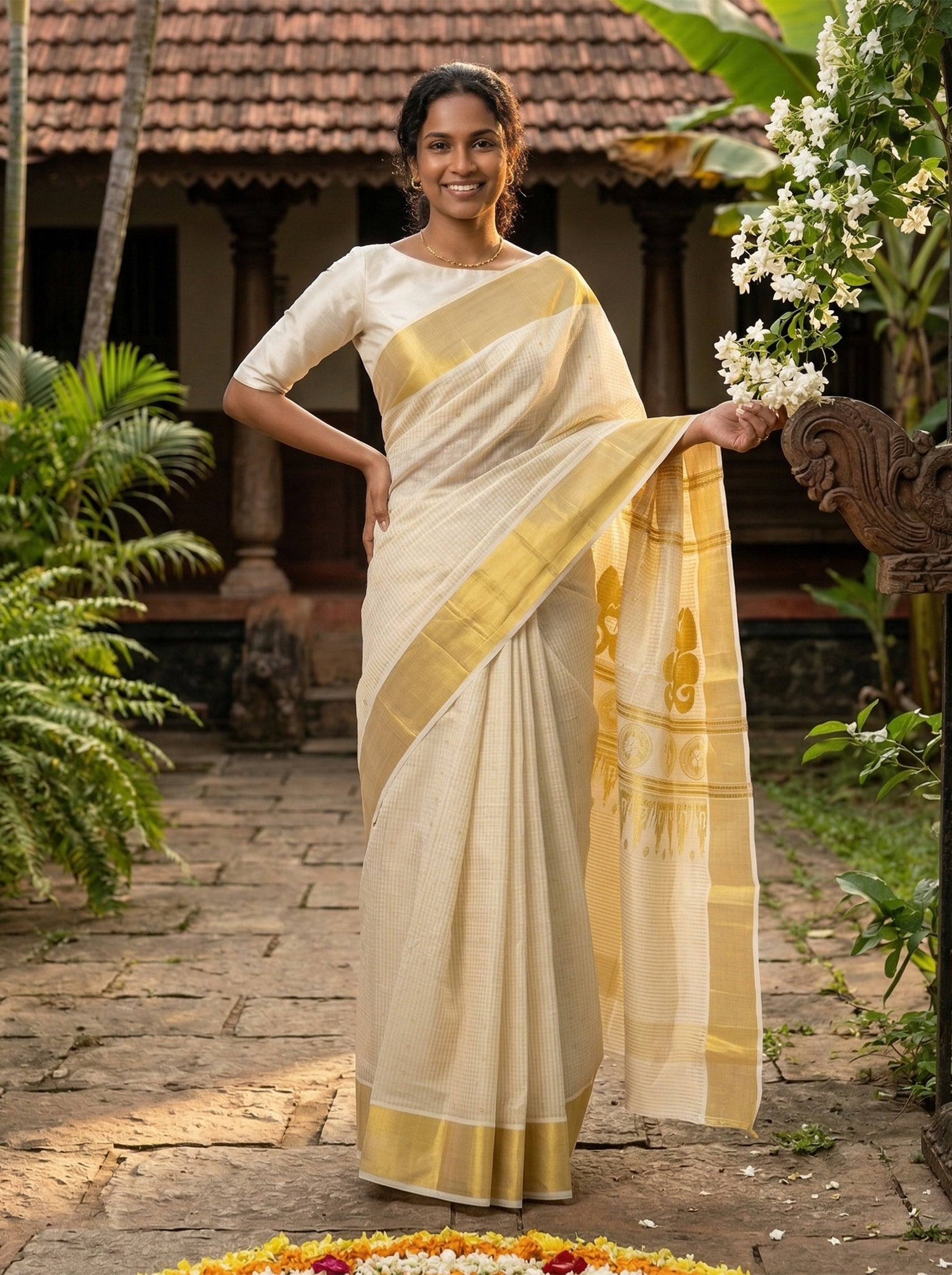 Woman in a traditional saree standing outdoors with greenery around